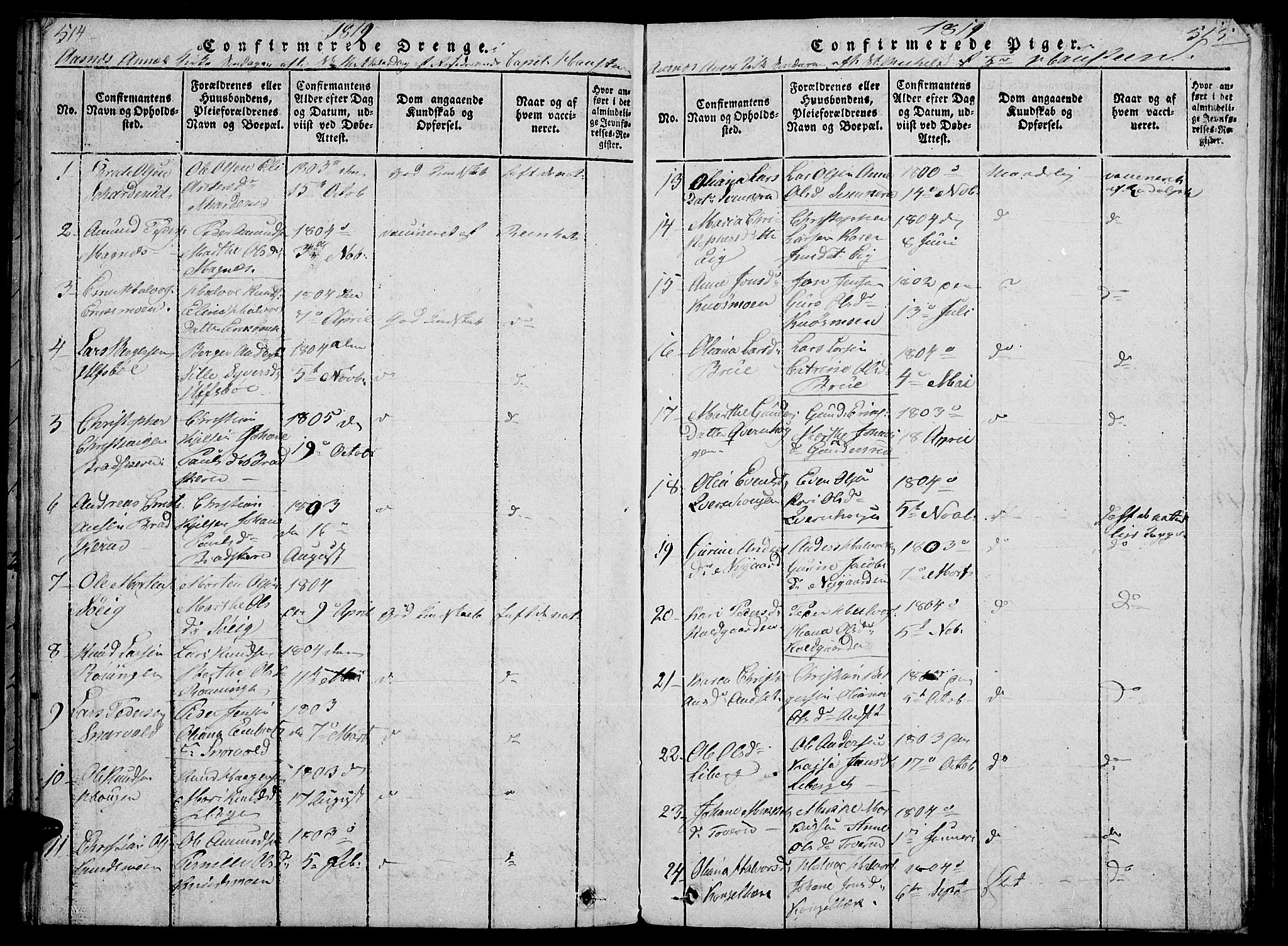 Hof prestekontor, AV/SAH-PREST-038/H/Ha/Haa/L0005: Parish register (official) no. 5, 1816-1822, p. 514-515