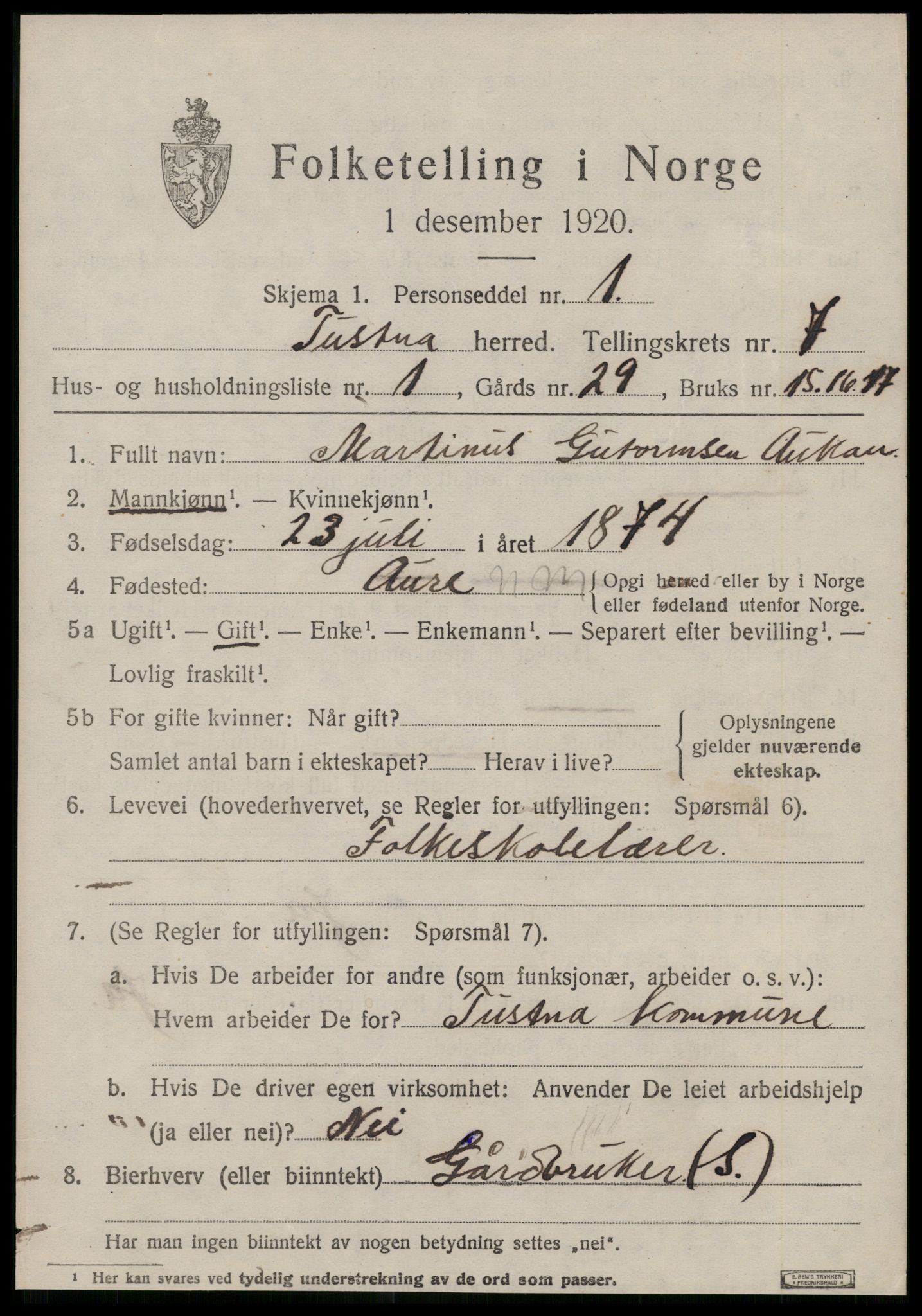 SAT, 1920 census for Tustna, 1920, p. 3067