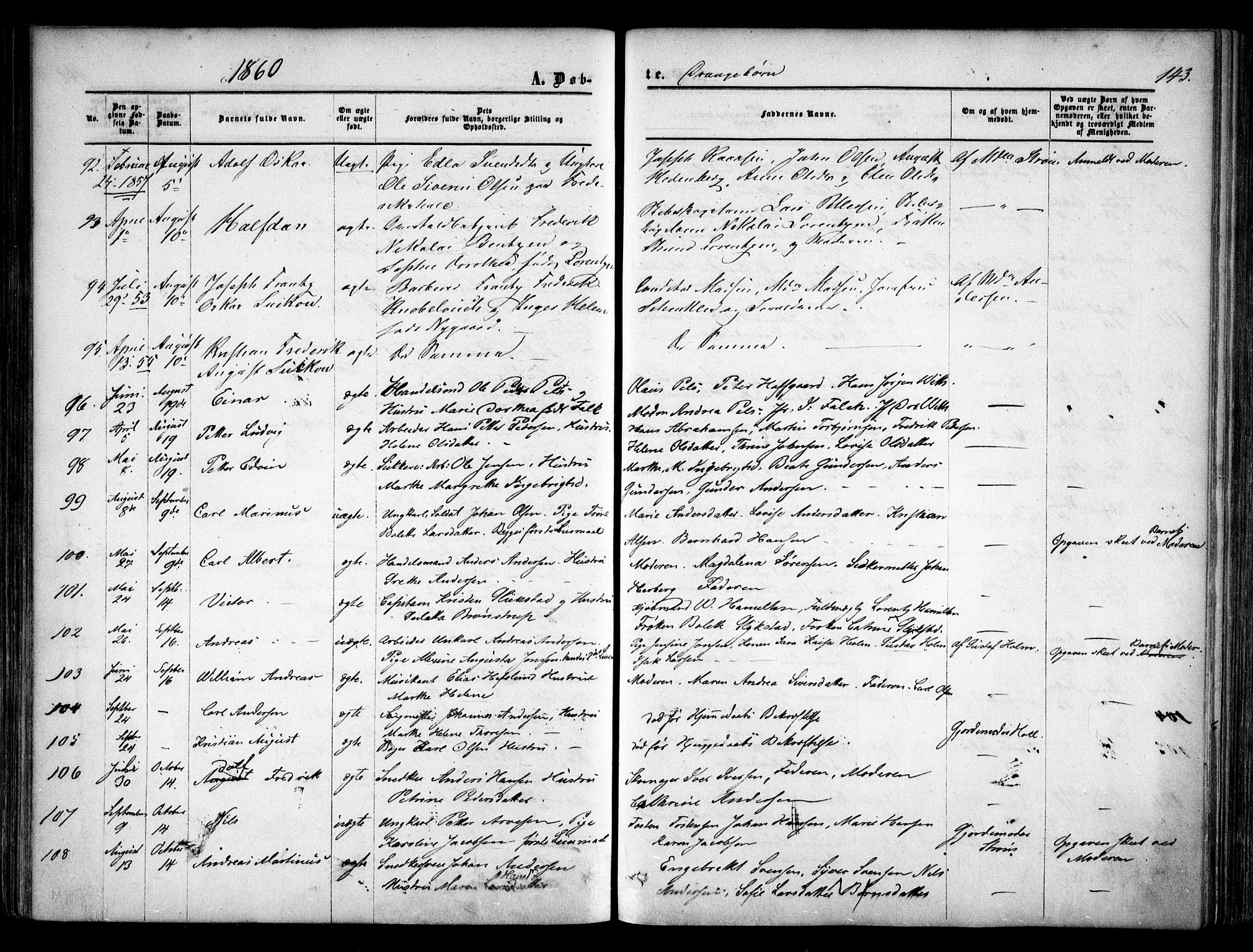 Halden prestekontor Kirkebøker, AV/SAO-A-10909/F/Fa/L0007: Parish register (official) no. I 7, 1857-1865, p. 143