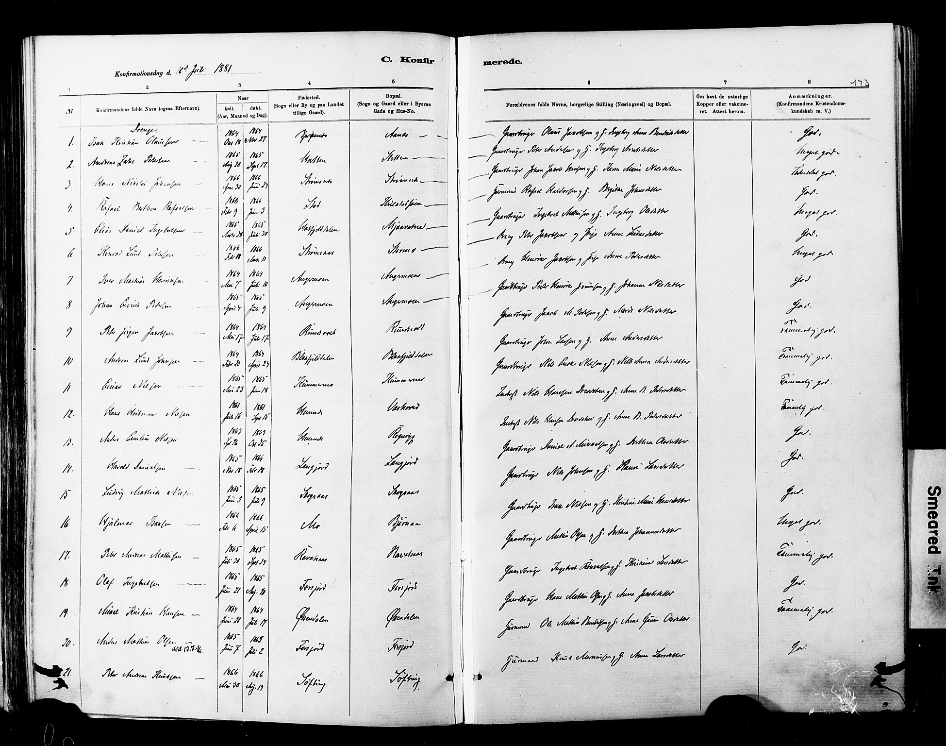 Ministerialprotokoller, klokkerbøker og fødselsregistre - Nordland, SAT/A-1459/820/L0295: Parish register (official) no. 820A16, 1880-1896, p. 173