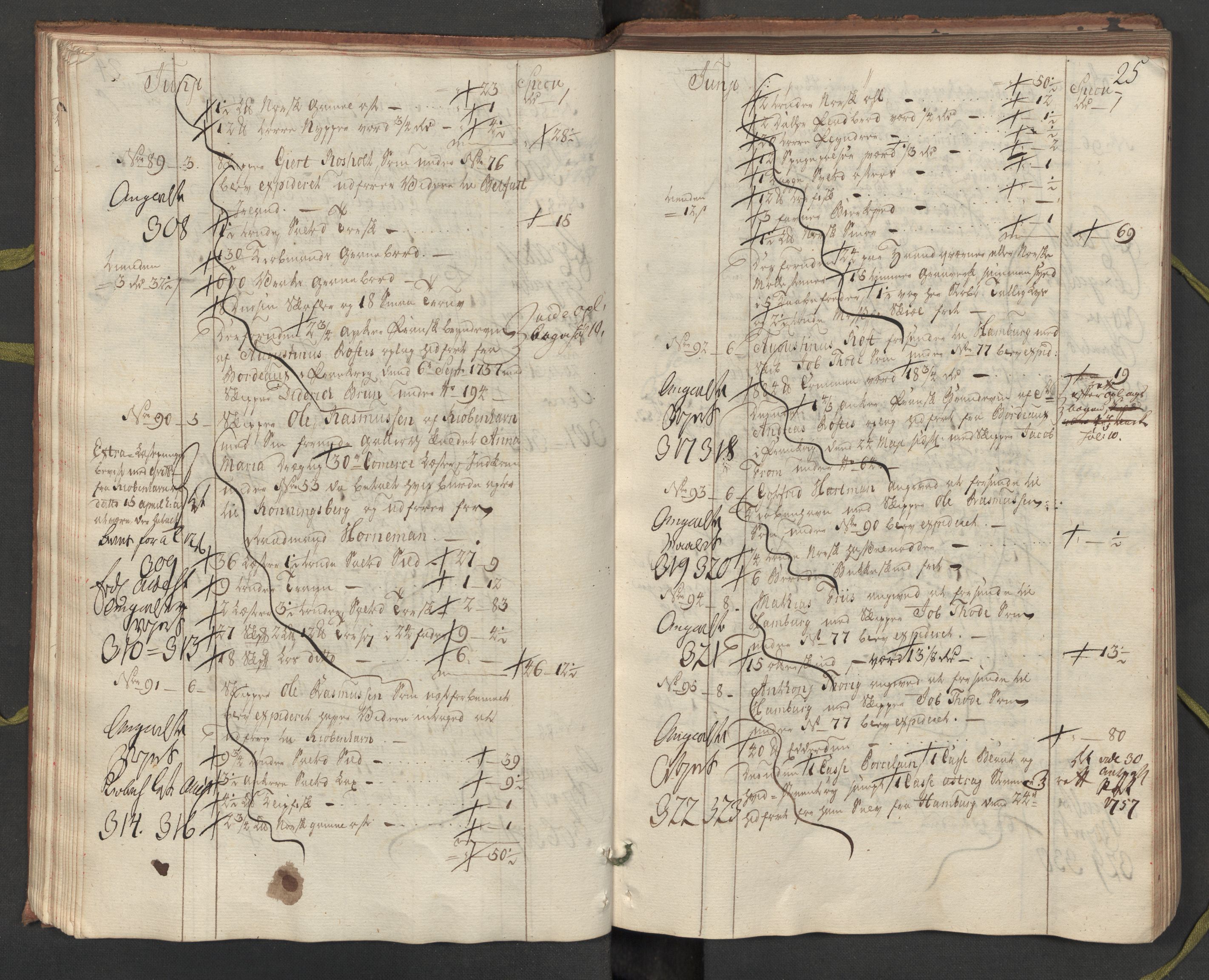 Generaltollkammeret, tollregnskaper, AV/RA-EA-5490/R33/L0057/0001: Tollregnskaper Trondheim A / Utgående hovedtollbok, 1758, p. 24b-25a