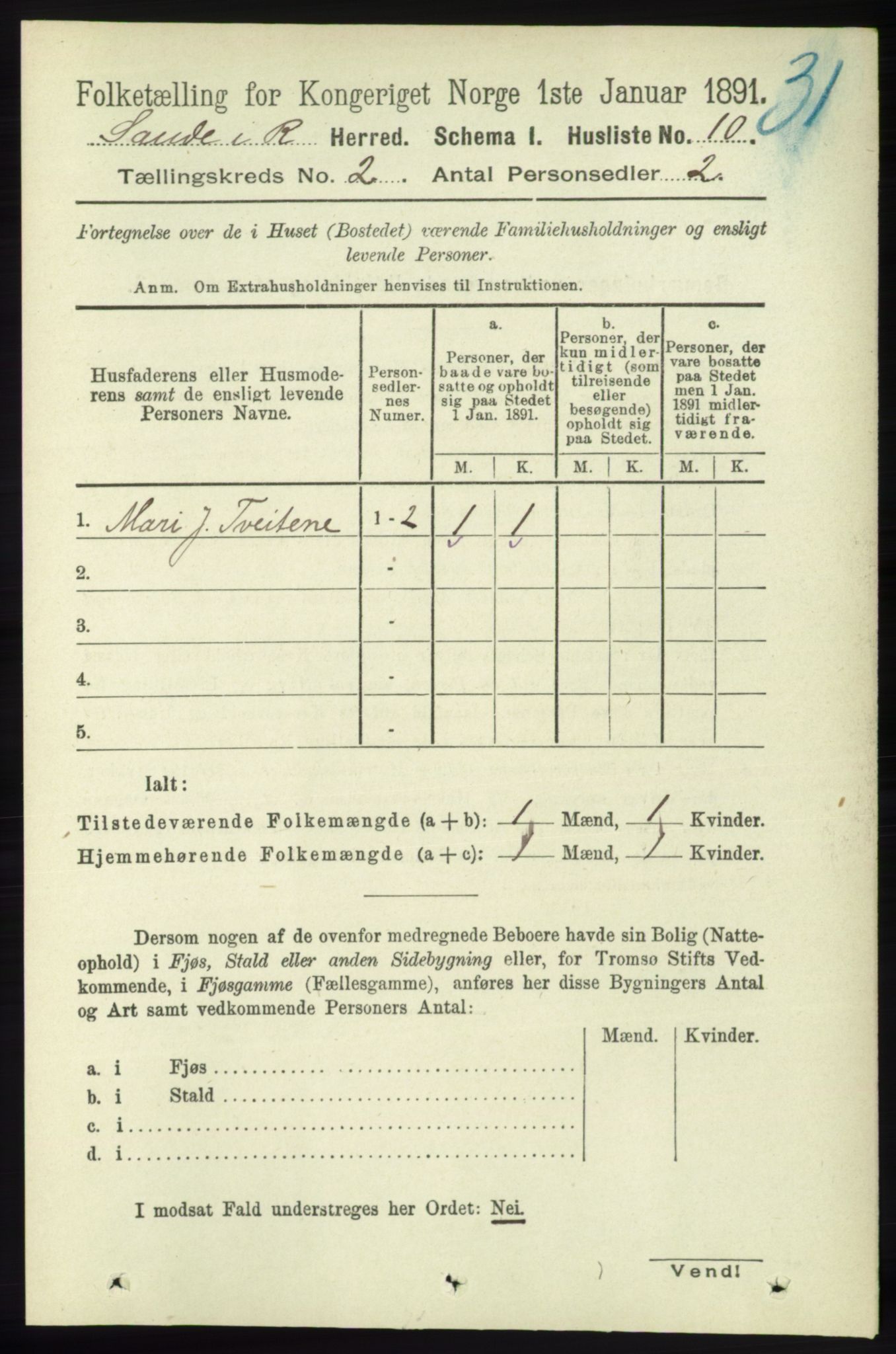 RA, 1891 census for 1135 Sauda, 1891, p. 533