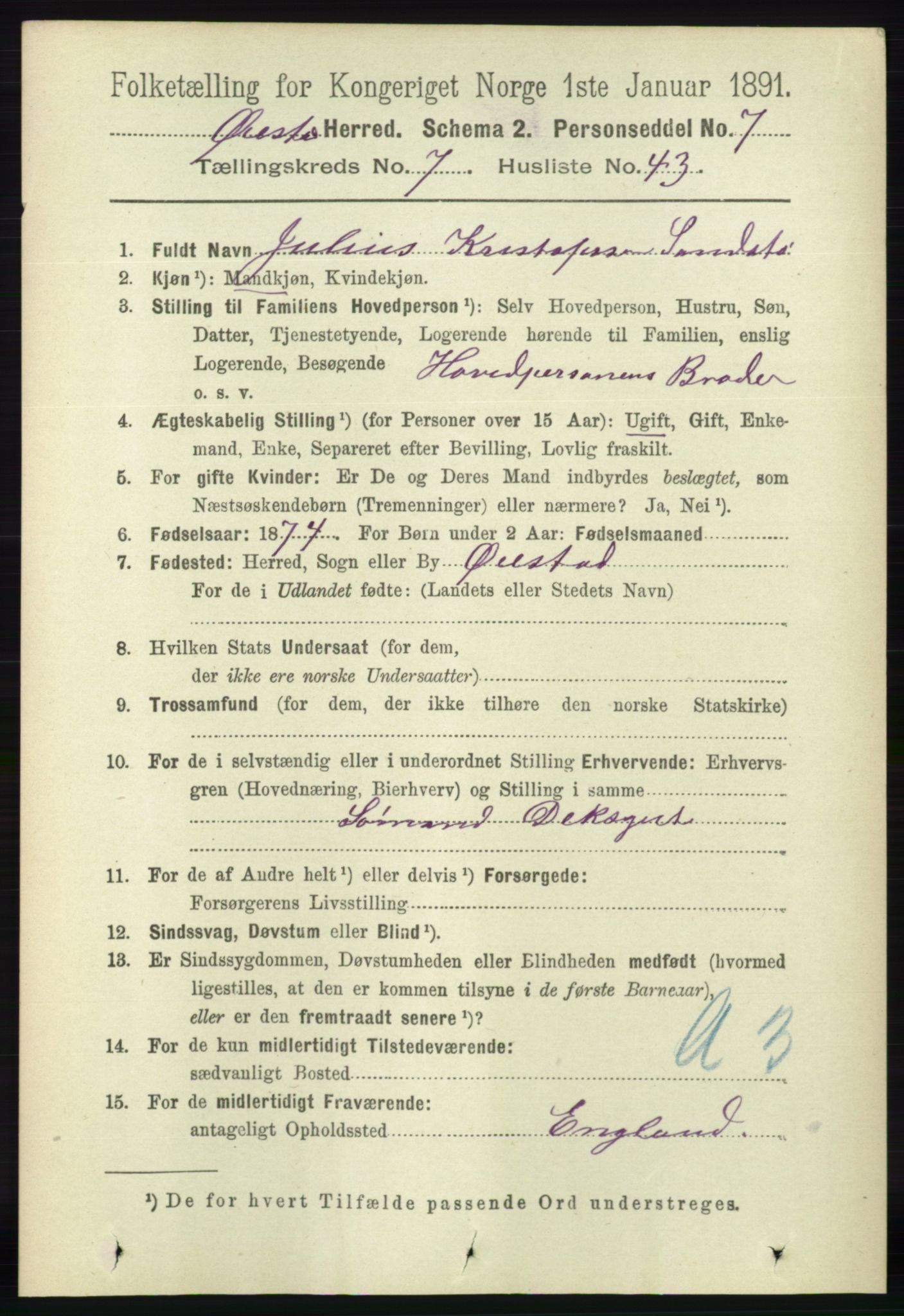 RA, 1891 census for 0920 Øyestad, 1891, p. 2904