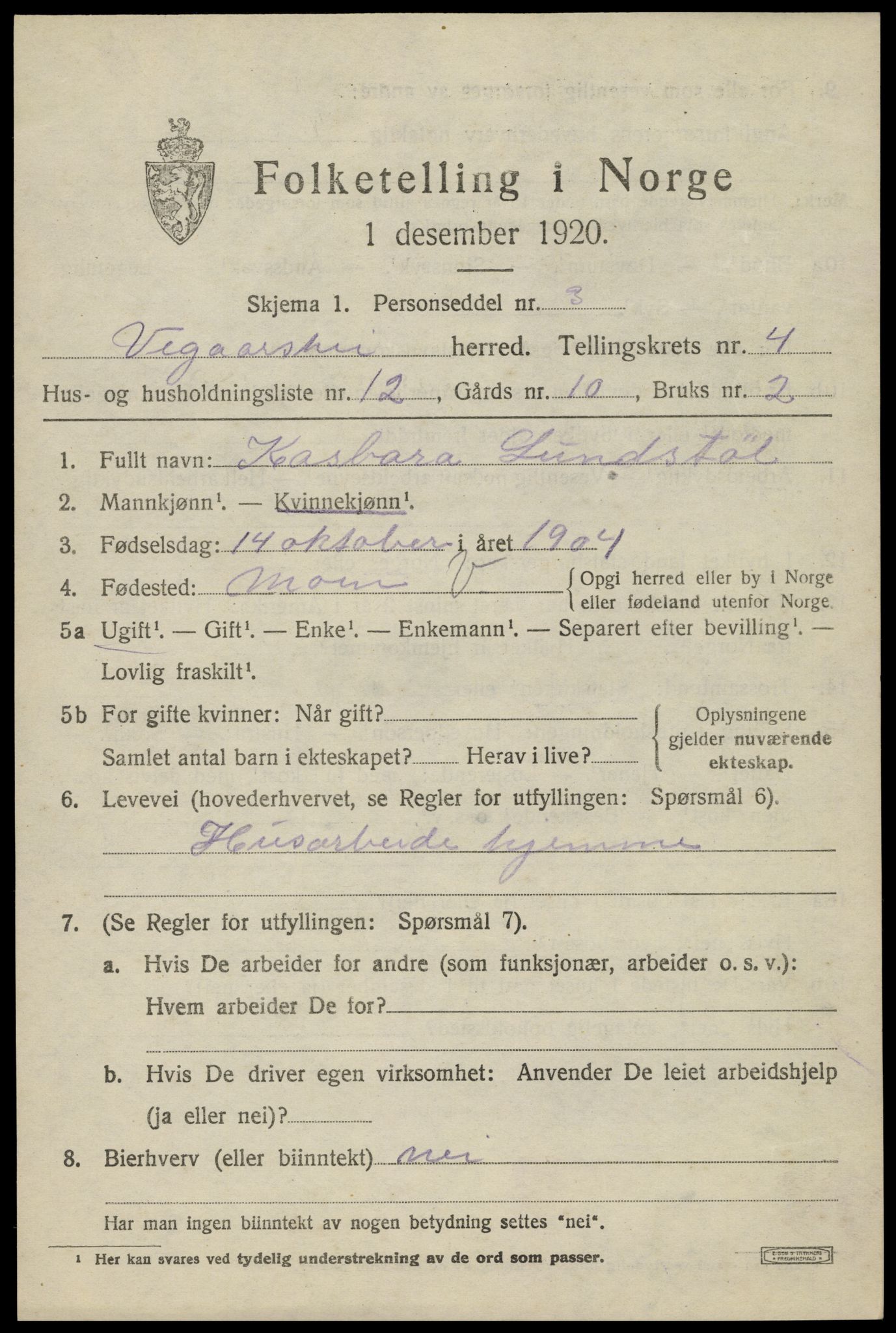 SAK, 1920 census for Vegårshei, 1920, p. 1896