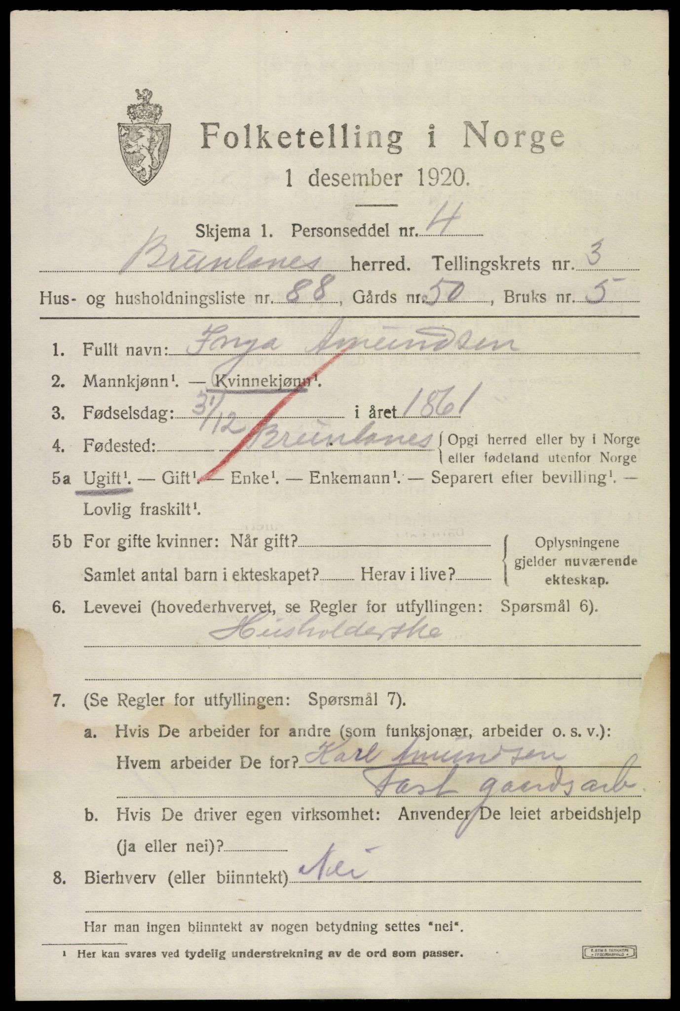 SAKO, 1920 census for Brunlanes, 1920, p. 5765