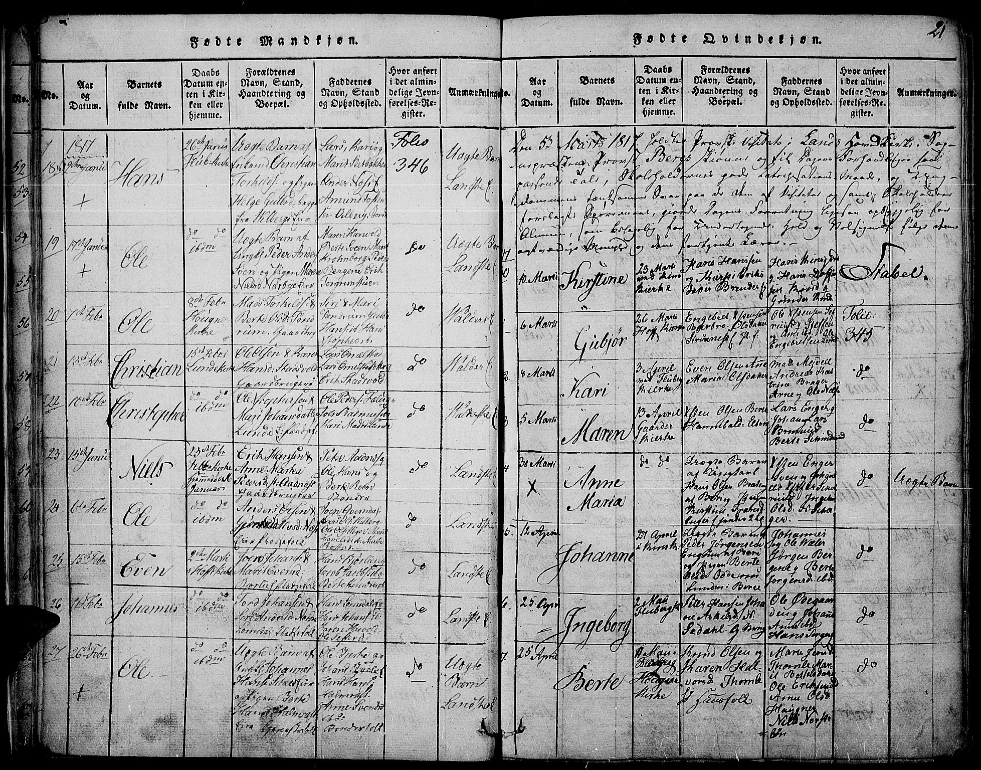 Land prestekontor, SAH/PREST-120/H/Ha/Haa/L0007: Parish register (official) no. 7, 1814-1830, p. 21