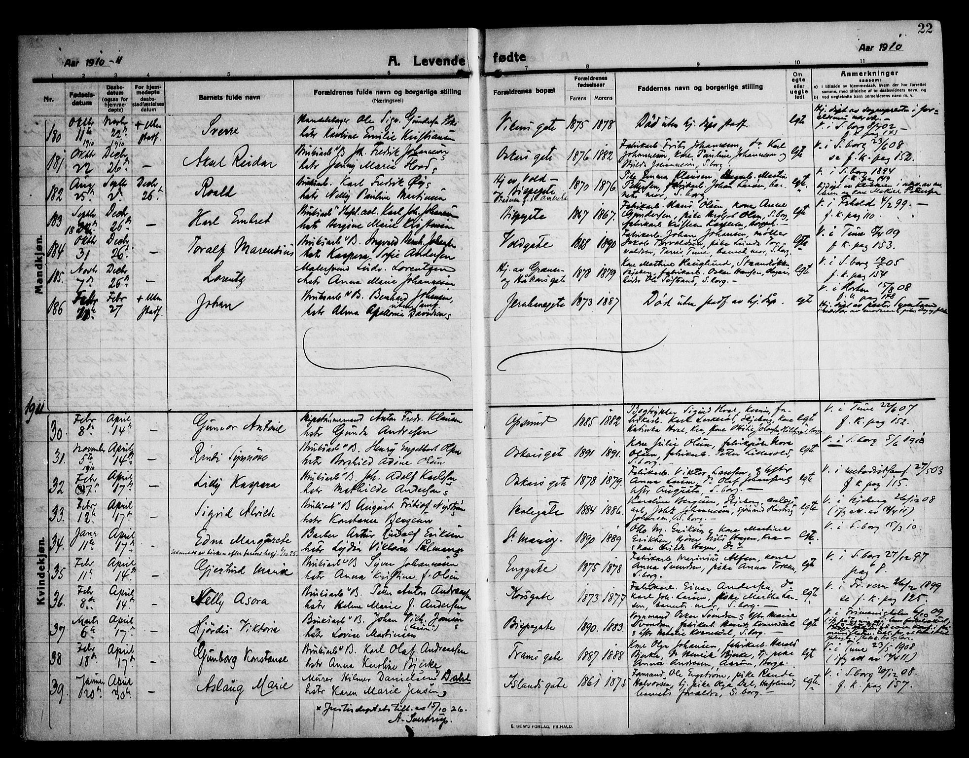 Sarpsborg prestekontor Kirkebøker, AV/SAO-A-2006/F/Fa/L0008: Parish register (official) no. 8, 1910-1920, p. 22