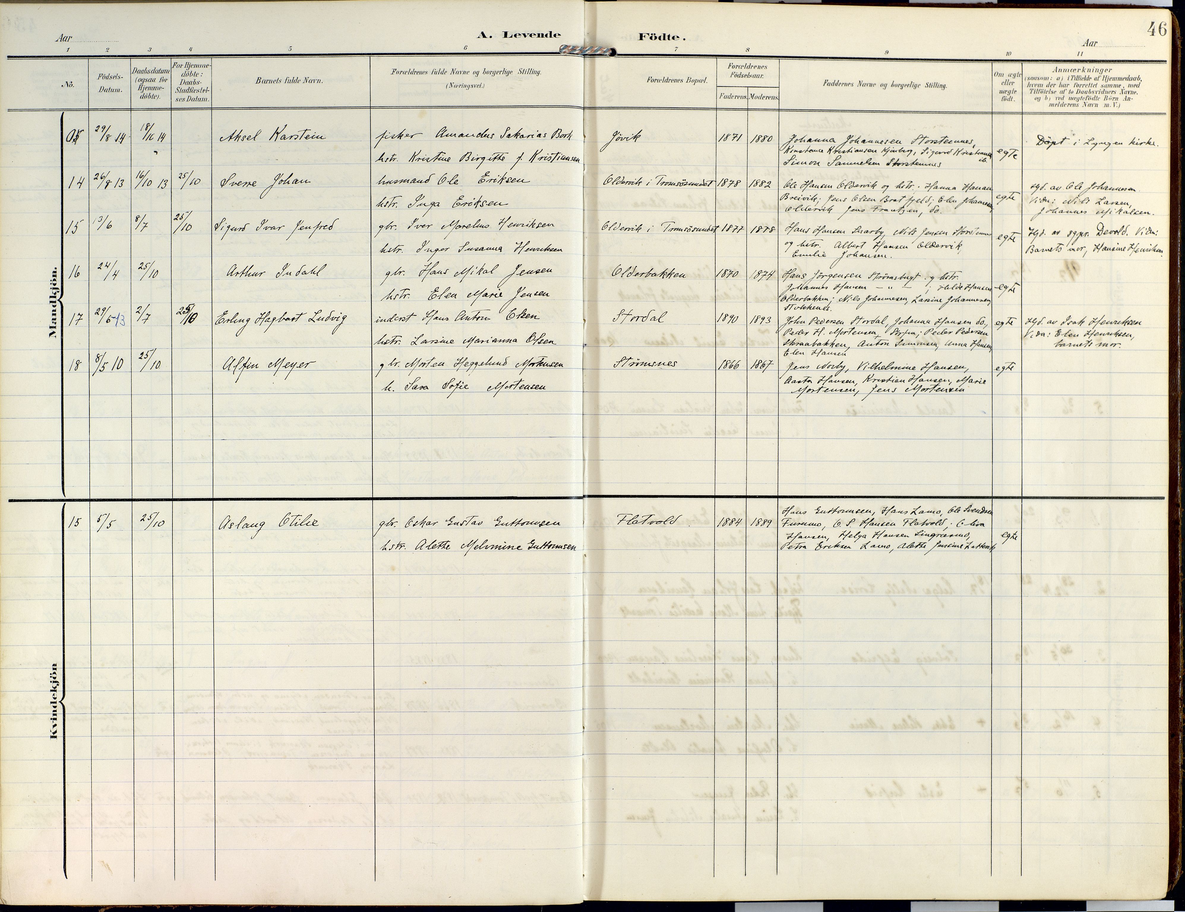 Lyngen sokneprestembete, SATØ/S-1289/H/He/Hea/L0014kirke: Parish register (official) no. 14, 1905-1920, p. 46