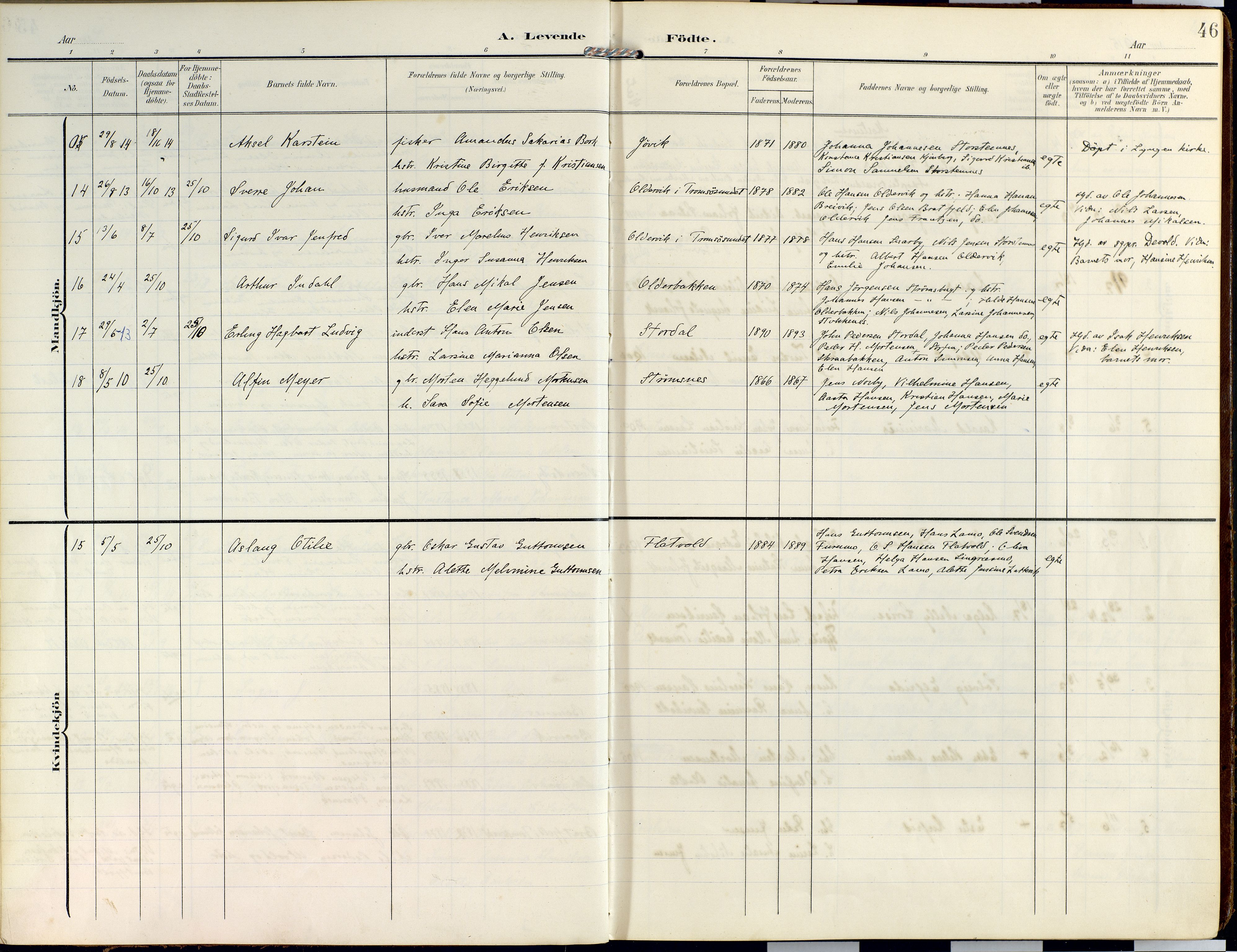 Lyngen sokneprestembete, AV/SATØ-S-1289/H/He/Hea/L0014kirke: Parish register (official) no. 14, 1905-1920, p. 46