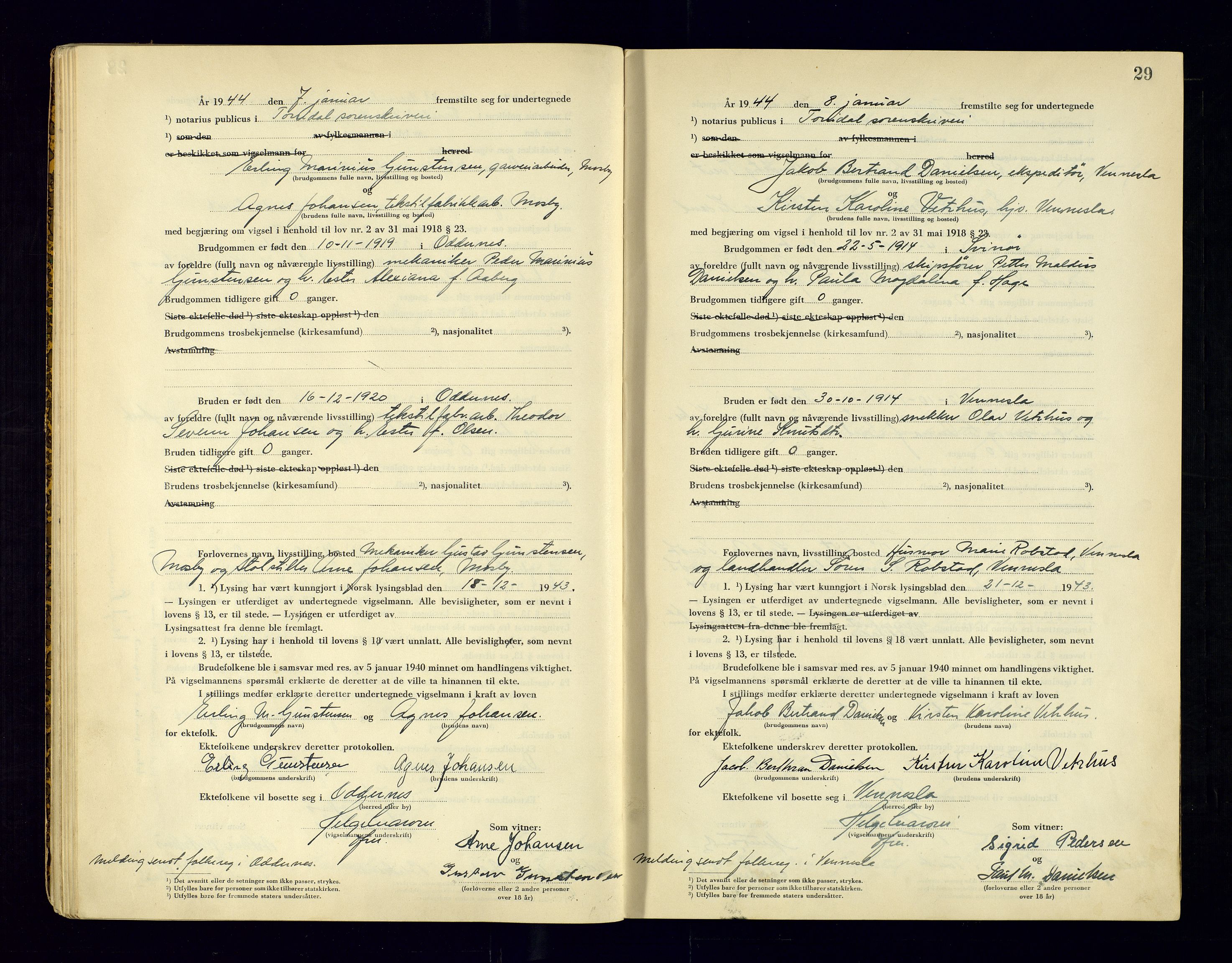 Torridal sorenskriveri, AV/SAK-1221-0012/L/Ld/L0004: Vigselbok nr. 2, 1943-1946, p. 29