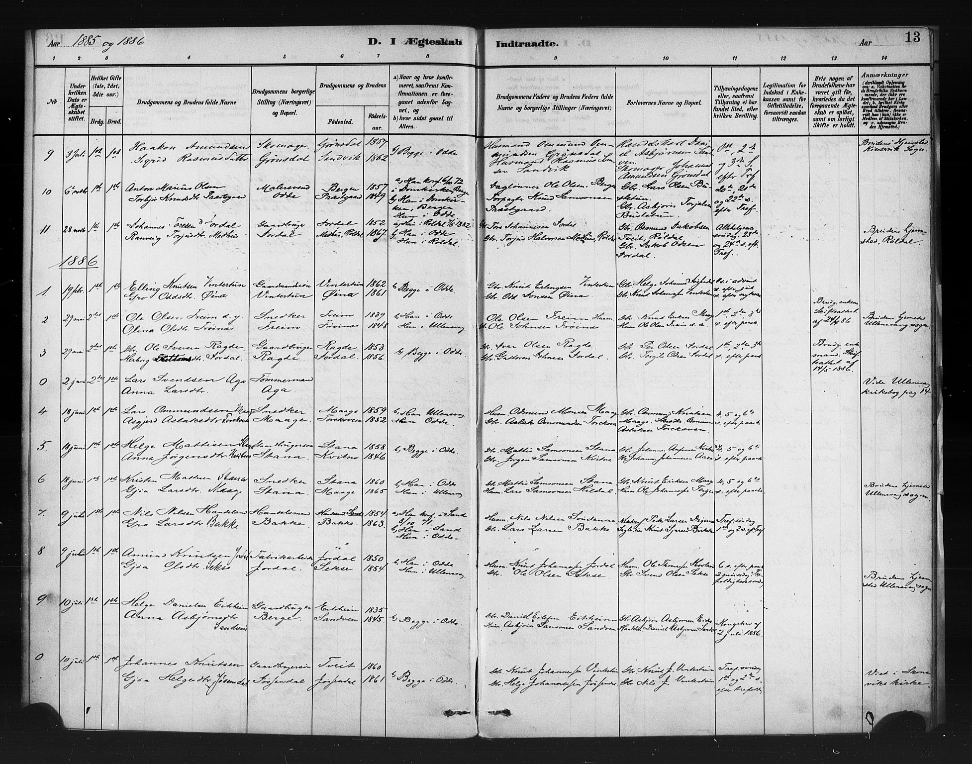 Odda Sokneprestembete, SAB/A-77201/H/Haa: Parish register (official) no. A 1, 1883-1919, p. 13