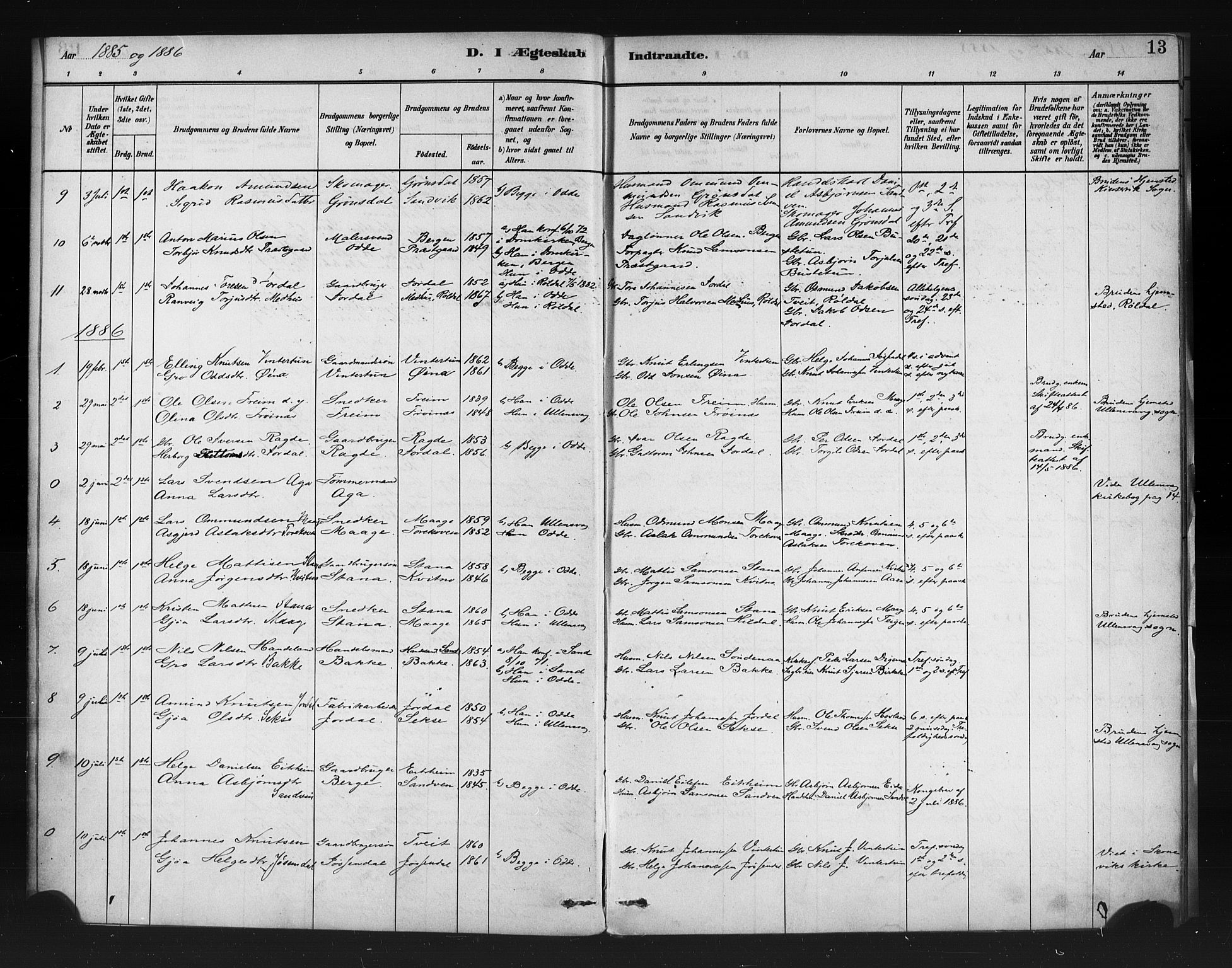 Odda Sokneprestembete, AV/SAB-A-77201/H/Haa: Parish register (official) no. A 1, 1883-1919, p. 13