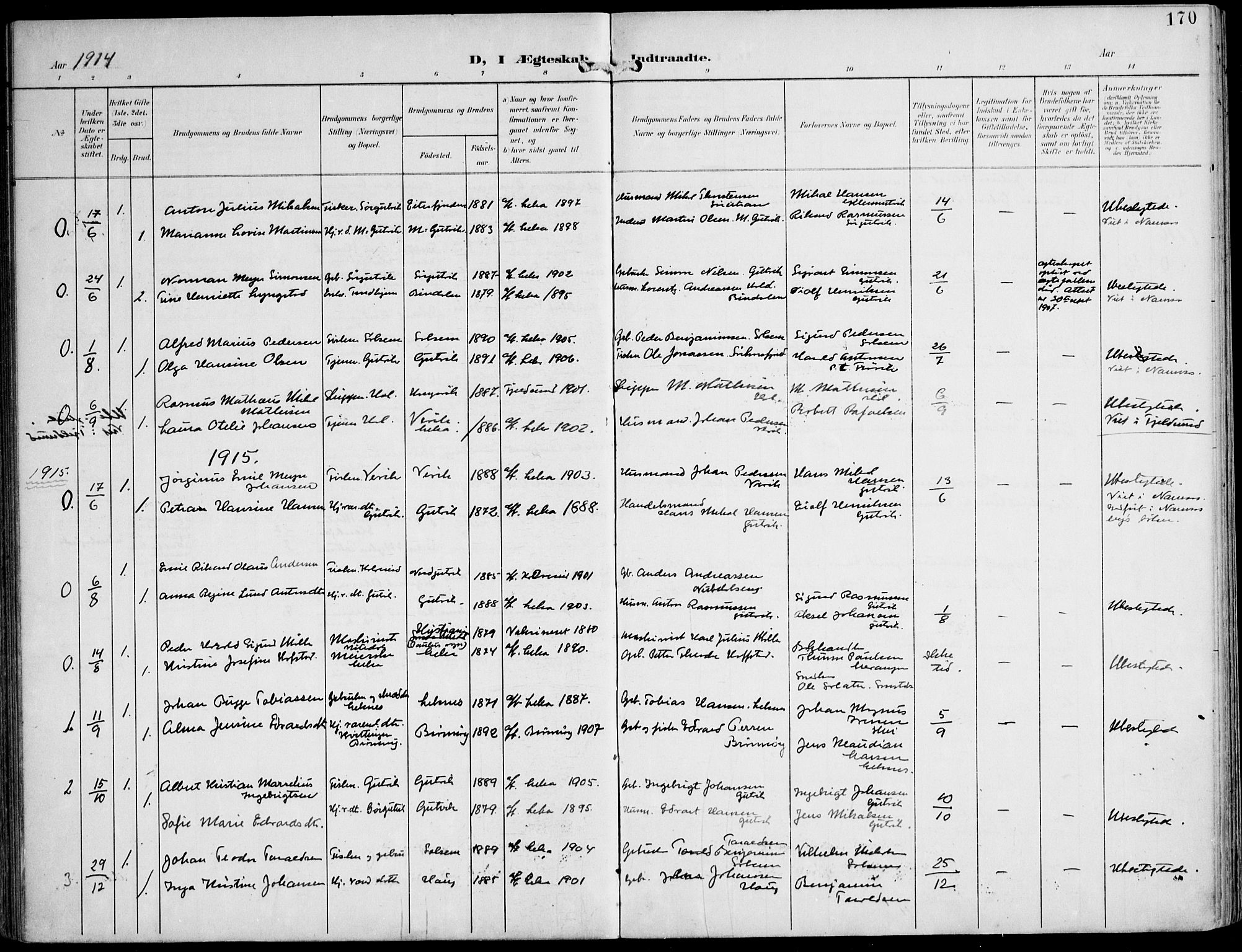 Ministerialprotokoller, klokkerbøker og fødselsregistre - Nord-Trøndelag, SAT/A-1458/788/L0698: Parish register (official) no. 788A05, 1902-1921, p. 170