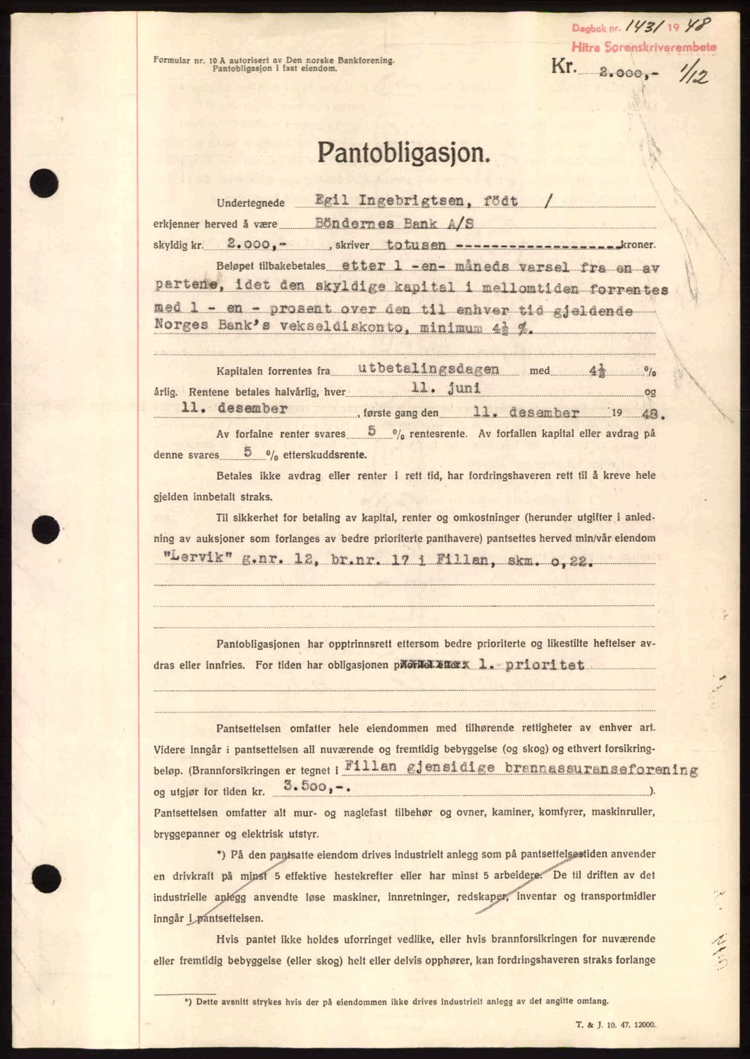 Hitra sorenskriveri, AV/SAT-A-0018/2/2C/2Ca: Mortgage book no. B1, 1939-1949, Diary no: : 1431/1948