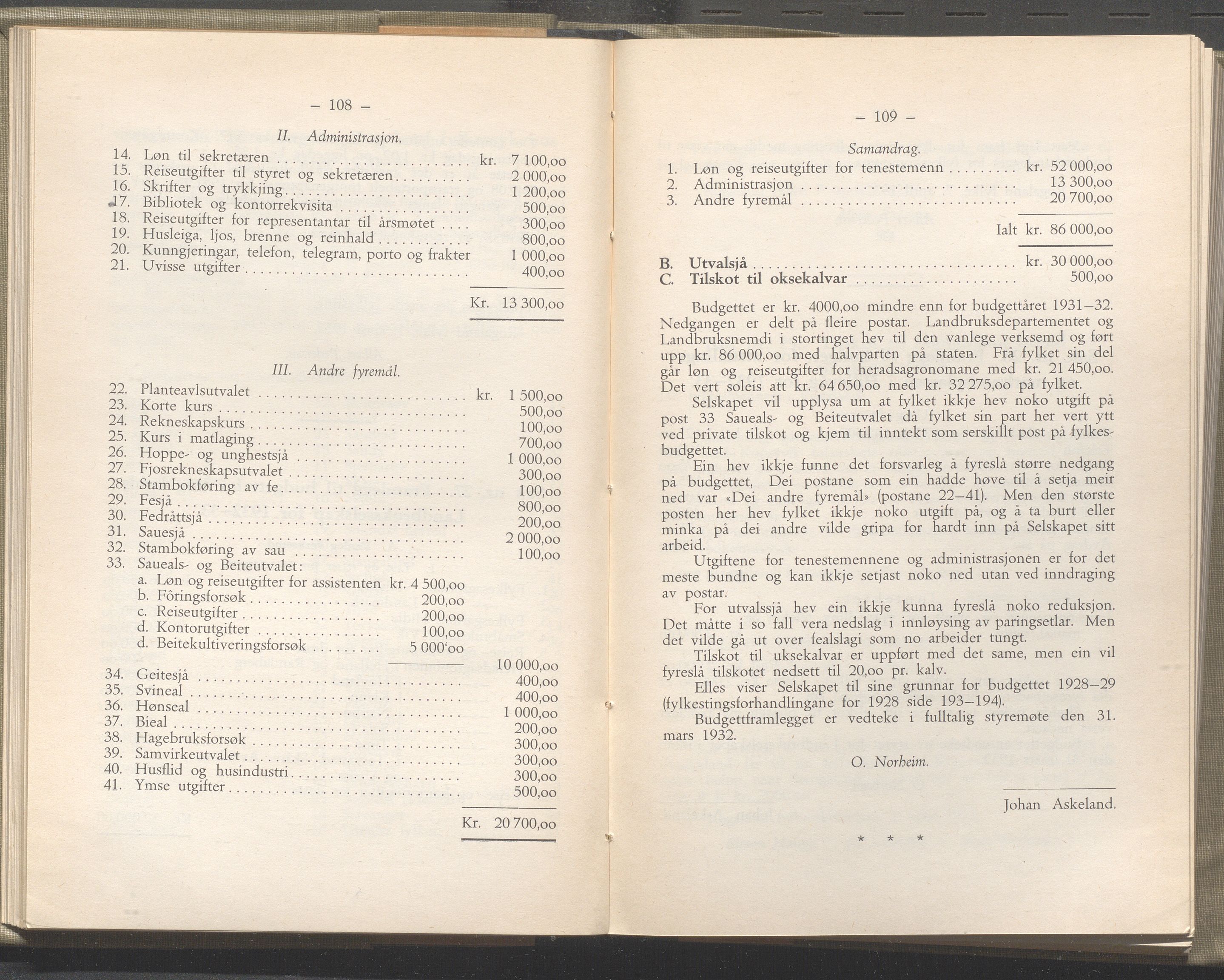 Rogaland fylkeskommune - Fylkesrådmannen , IKAR/A-900/A/Aa/Aaa/L0051: Møtebok , 1932, p. 108-109