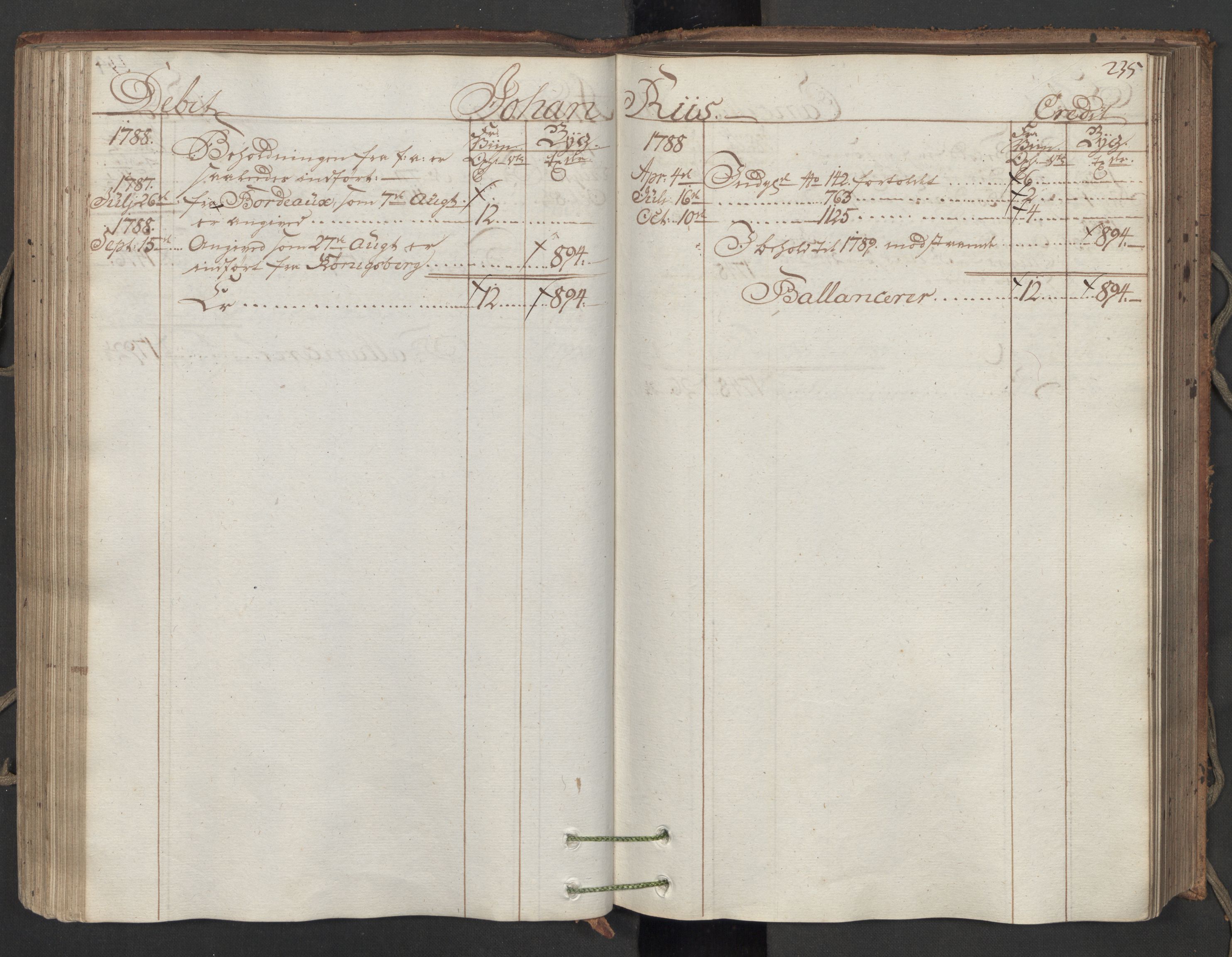 Generaltollkammeret, tollregnskaper, AV/RA-EA-5490/R06/L0173/0001: Tollregnskaper Kristiania / Inngående hovedtollbok, 1788, p. 234b-235a