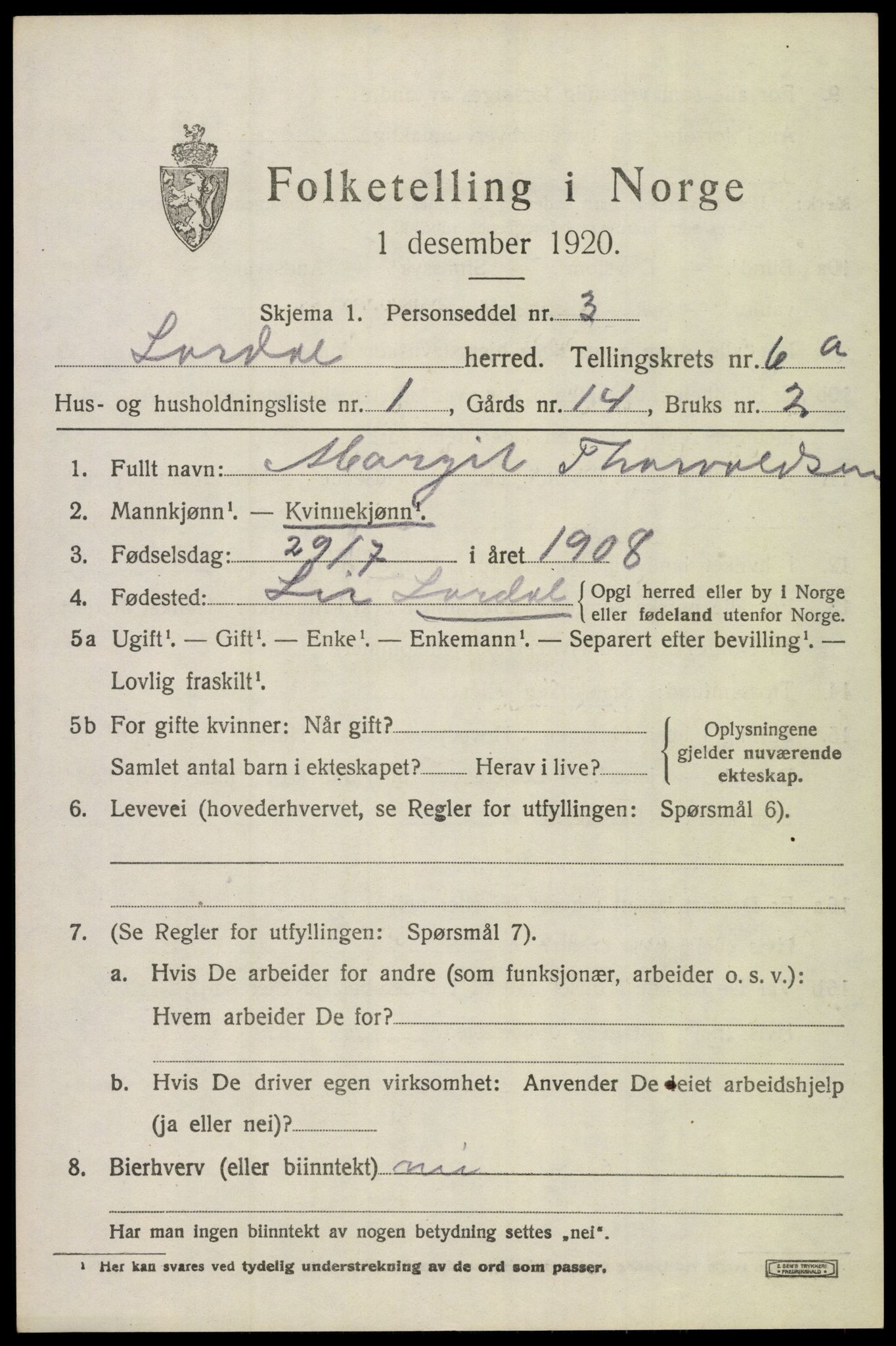 SAKO, 1920 census for Lardal, 1920, p. 5551