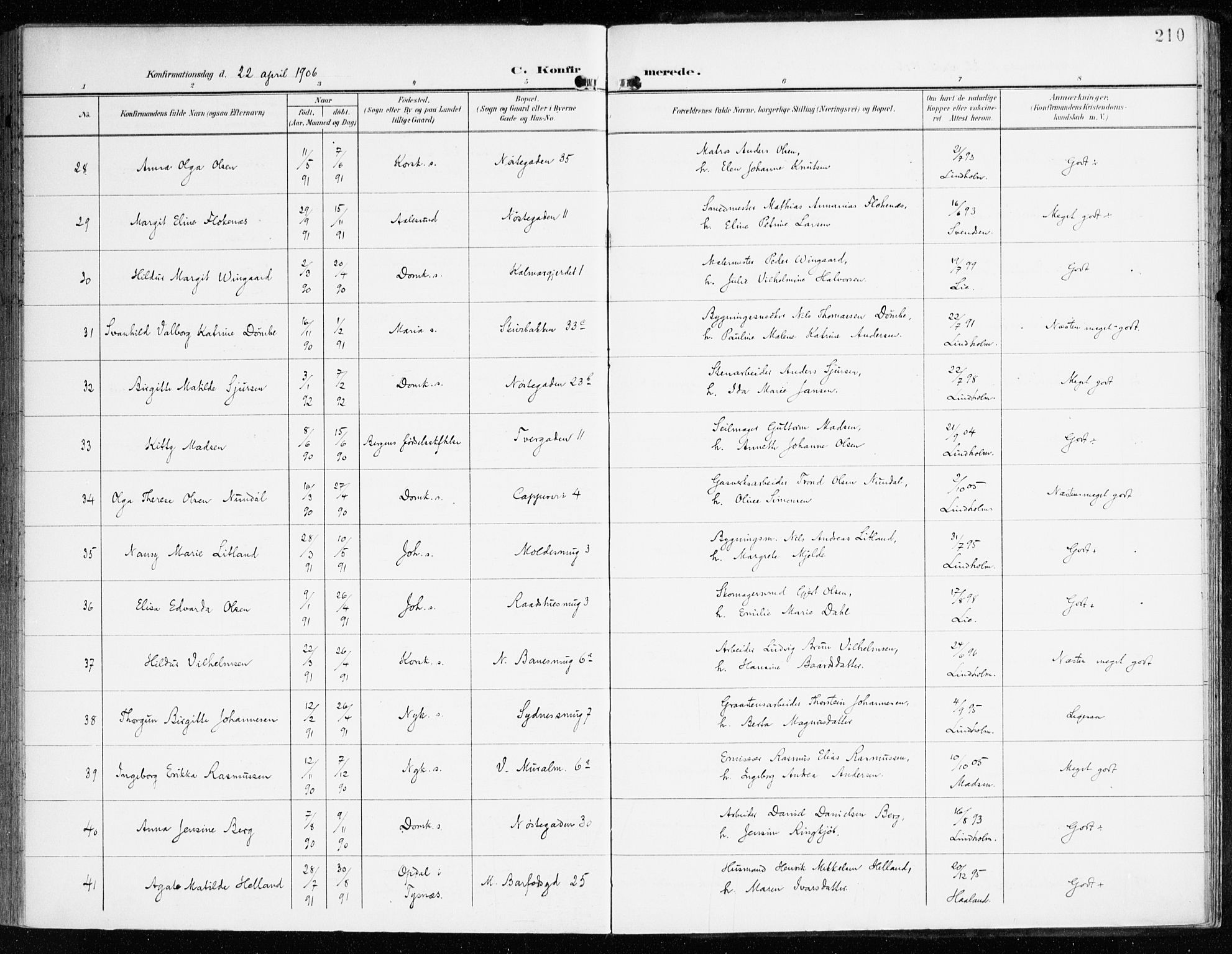 Domkirken sokneprestembete, AV/SAB-A-74801/H/Haa/L0031: Parish register (official) no. C 6, 1898-1915, p. 210