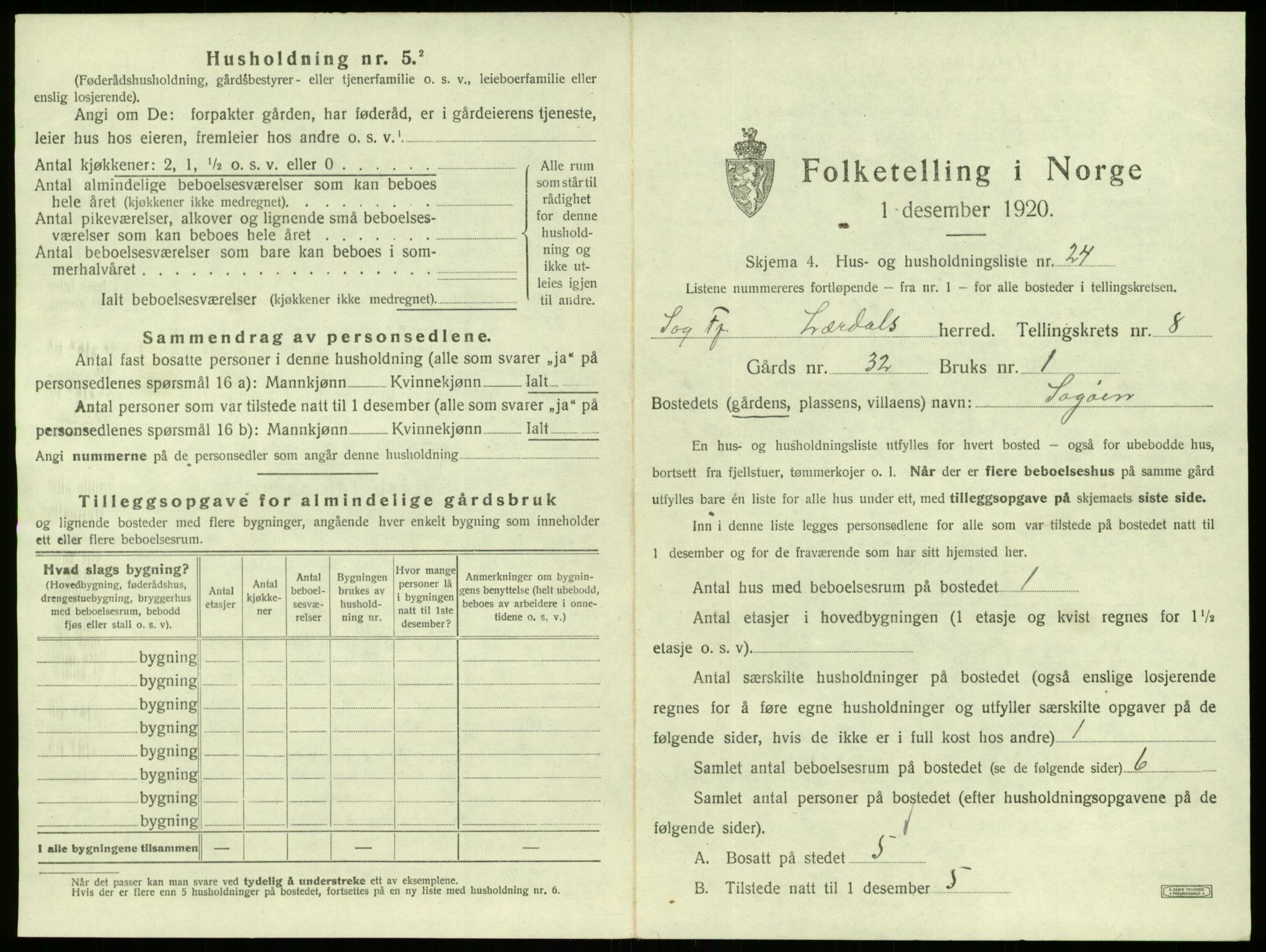 SAB, 1920 census for Lærdal, 1920, p. 762