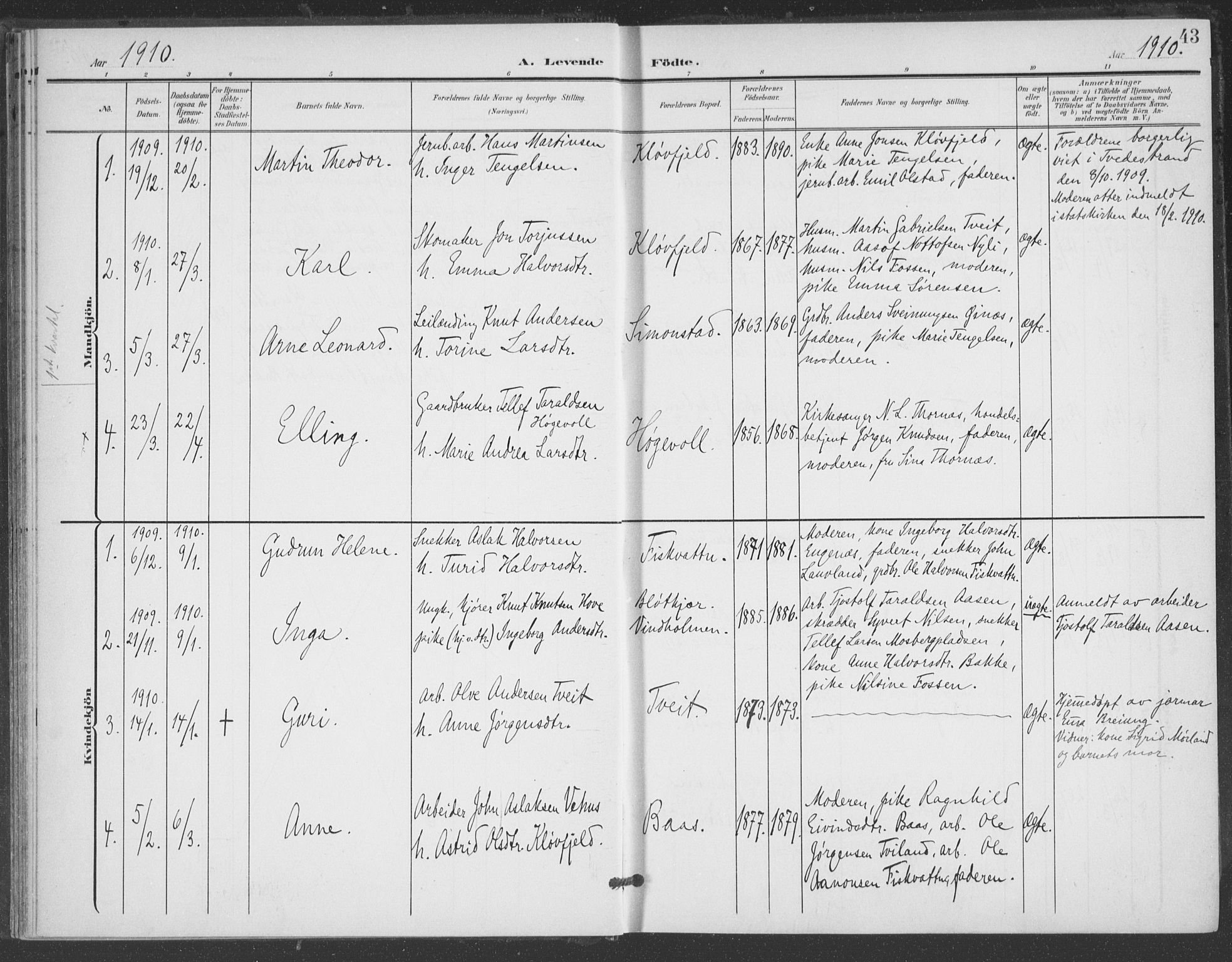 Åmli sokneprestkontor, AV/SAK-1111-0050/F/Fa/Fac/L0012: Parish register (official) no. A 12, 1900-1914, p. 43