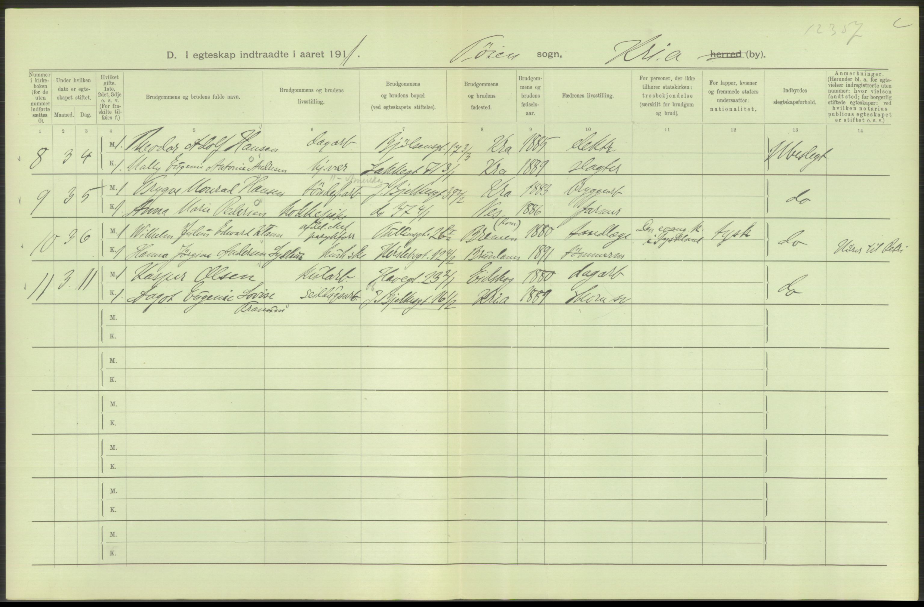 Statistisk sentralbyrå, Sosiodemografiske emner, Befolkning, AV/RA-S-2228/D/Df/Dfb/Dfba/L0008: Kristiania: Gifte, 1911, p. 148