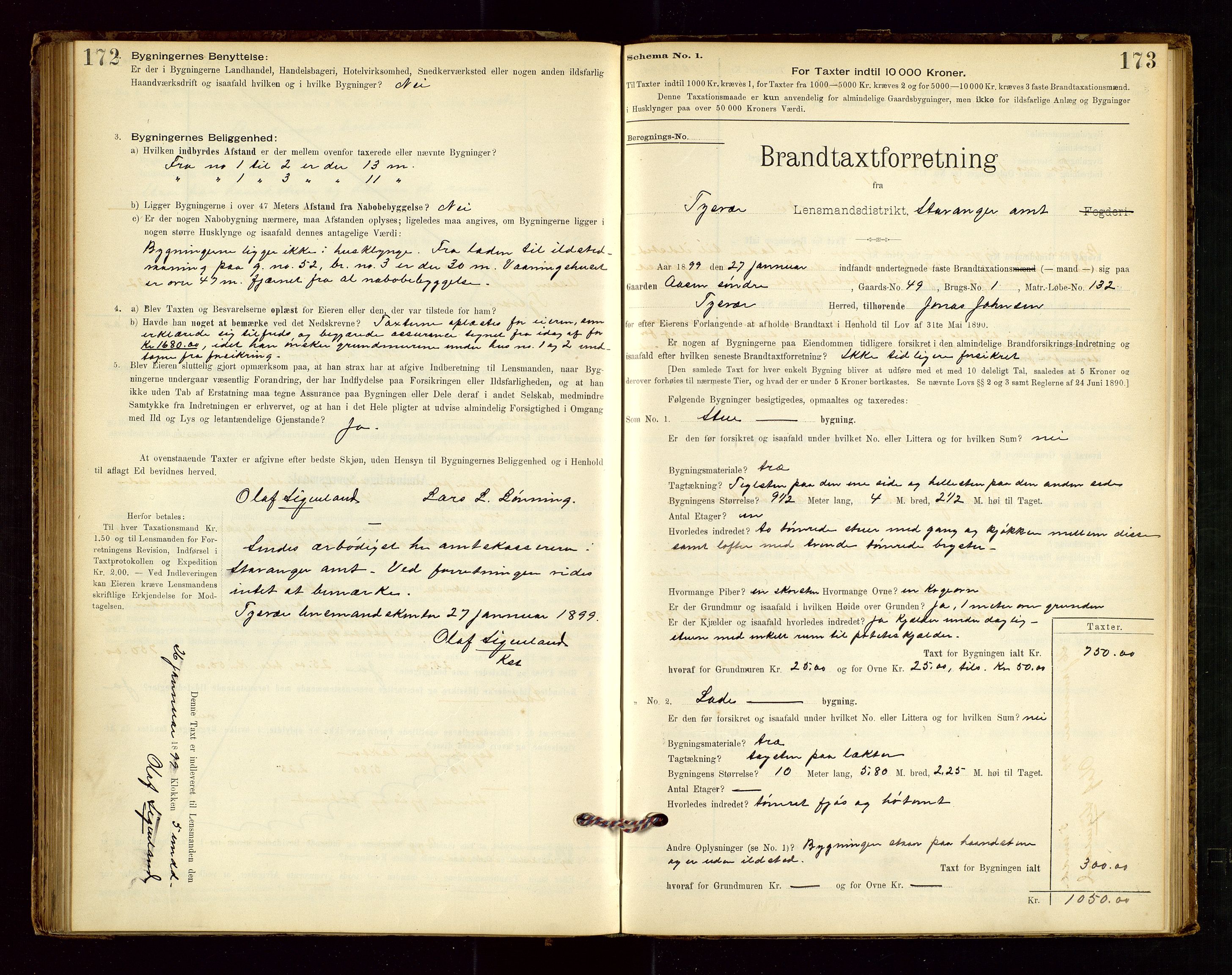 Tysvær lensmannskontor, AV/SAST-A-100192/Gob/L0001: "Brandtaxationsprotokol for Tysvær Lensmandsdistrikt Ryfylke Fogderi", 1894-1916, p. 172-173