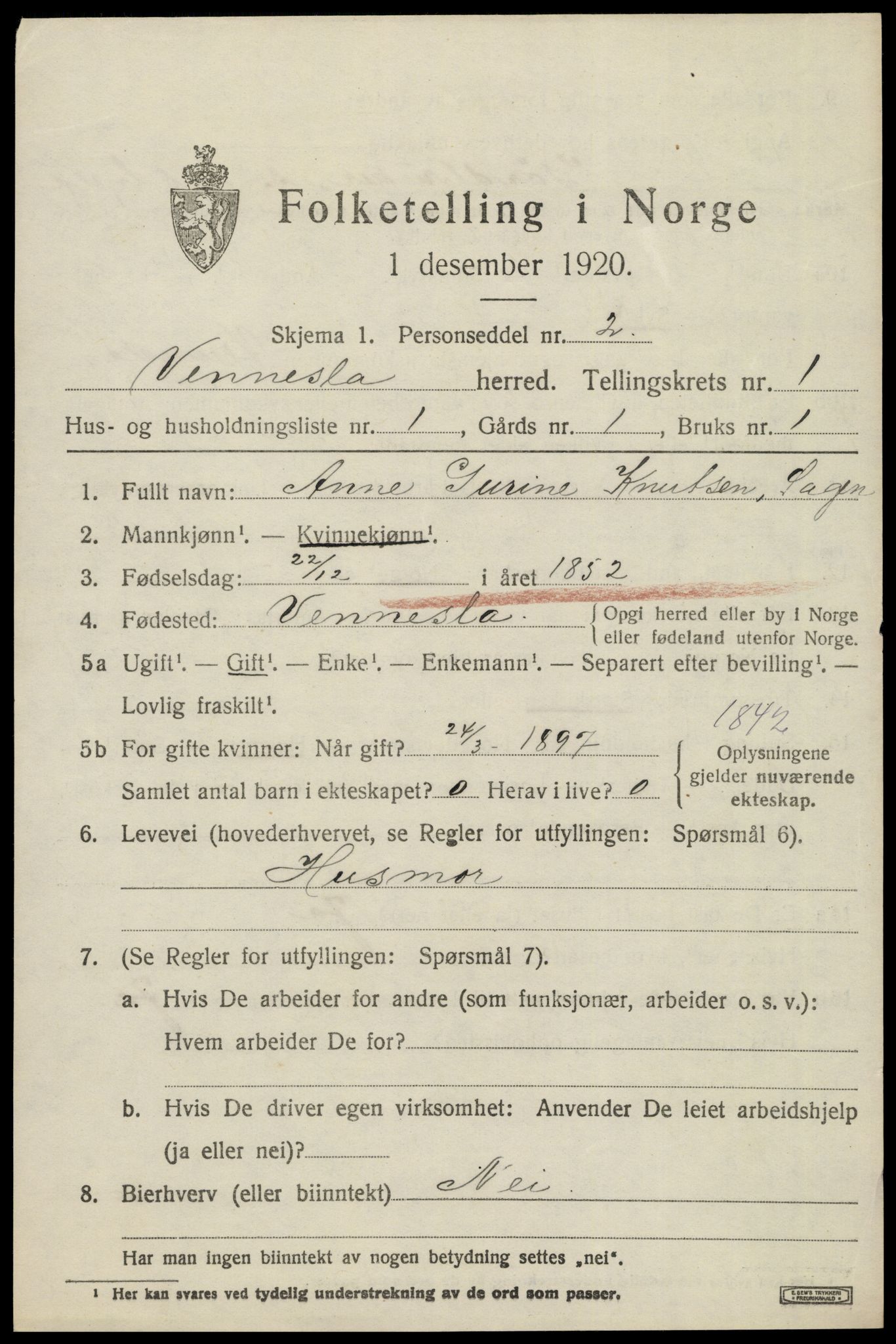 SAK, 1920 census for Vennesla, 1920, p. 942