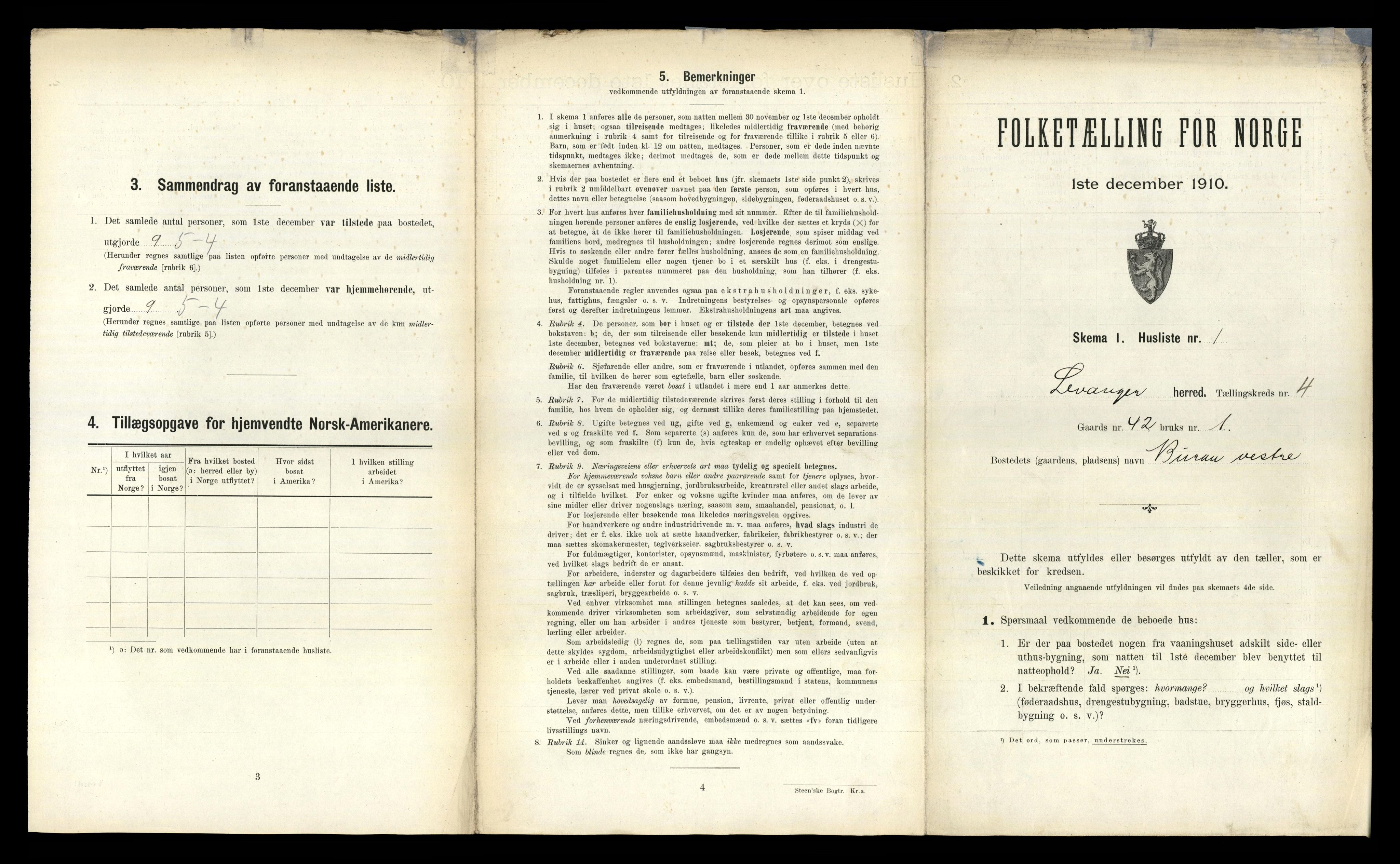 RA, 1910 census for Levanger, 1910, p. 654