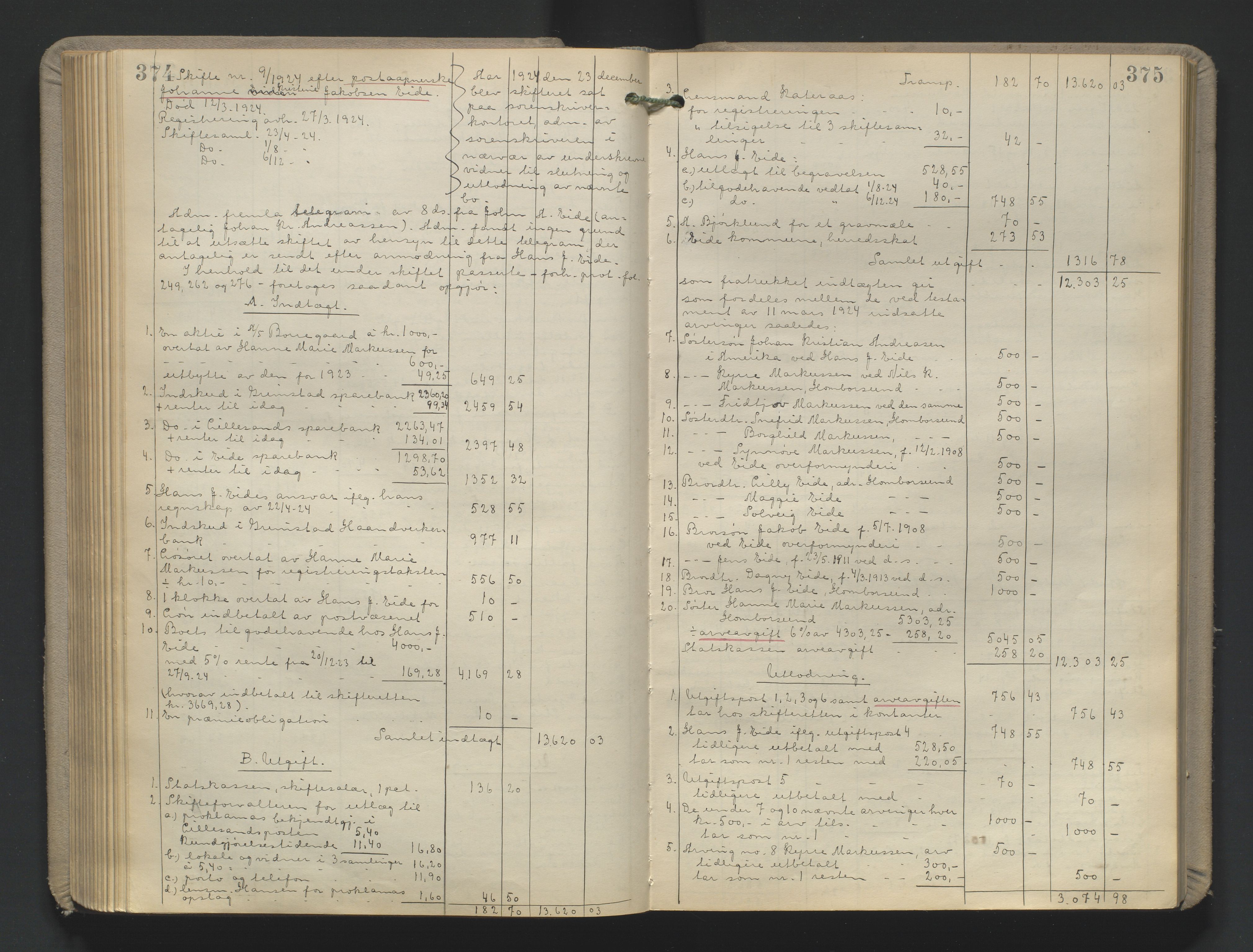 Vestre Nedenes/Sand sorenskriveri, AV/SAK-1221-0010/H/Hc/L0022: Skifteutlodningsprotokoll nr. 9, 1919-1932, p. 374-375