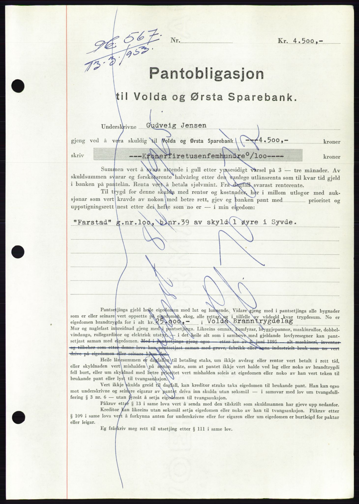 Søre Sunnmøre sorenskriveri, AV/SAT-A-4122/1/2/2C/L0123: Mortgage book no. 11B, 1953-1953, Diary no: : 567/1953