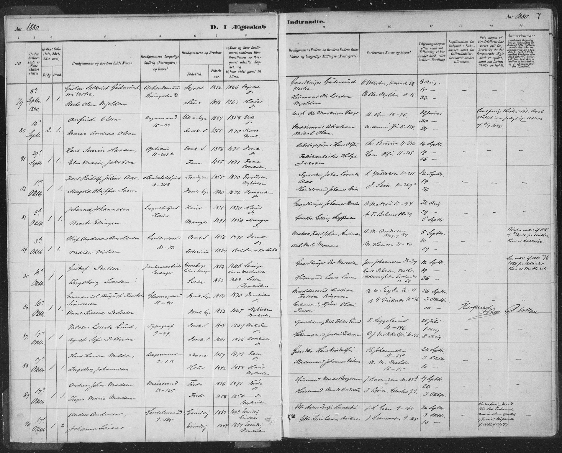 Domkirken sokneprestembete, AV/SAB-A-74801/H/Hab/L0032: Parish register (copy) no. D 4, 1880-1907, p. 7