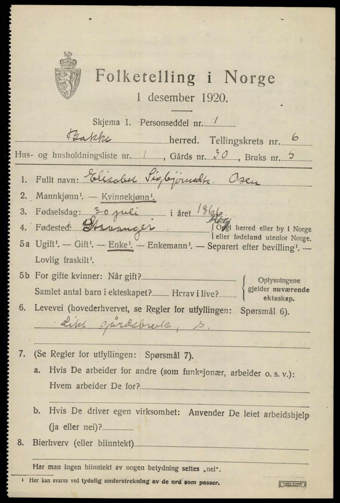 SAK, 1920 census for Bakke, 1920, p. 1814