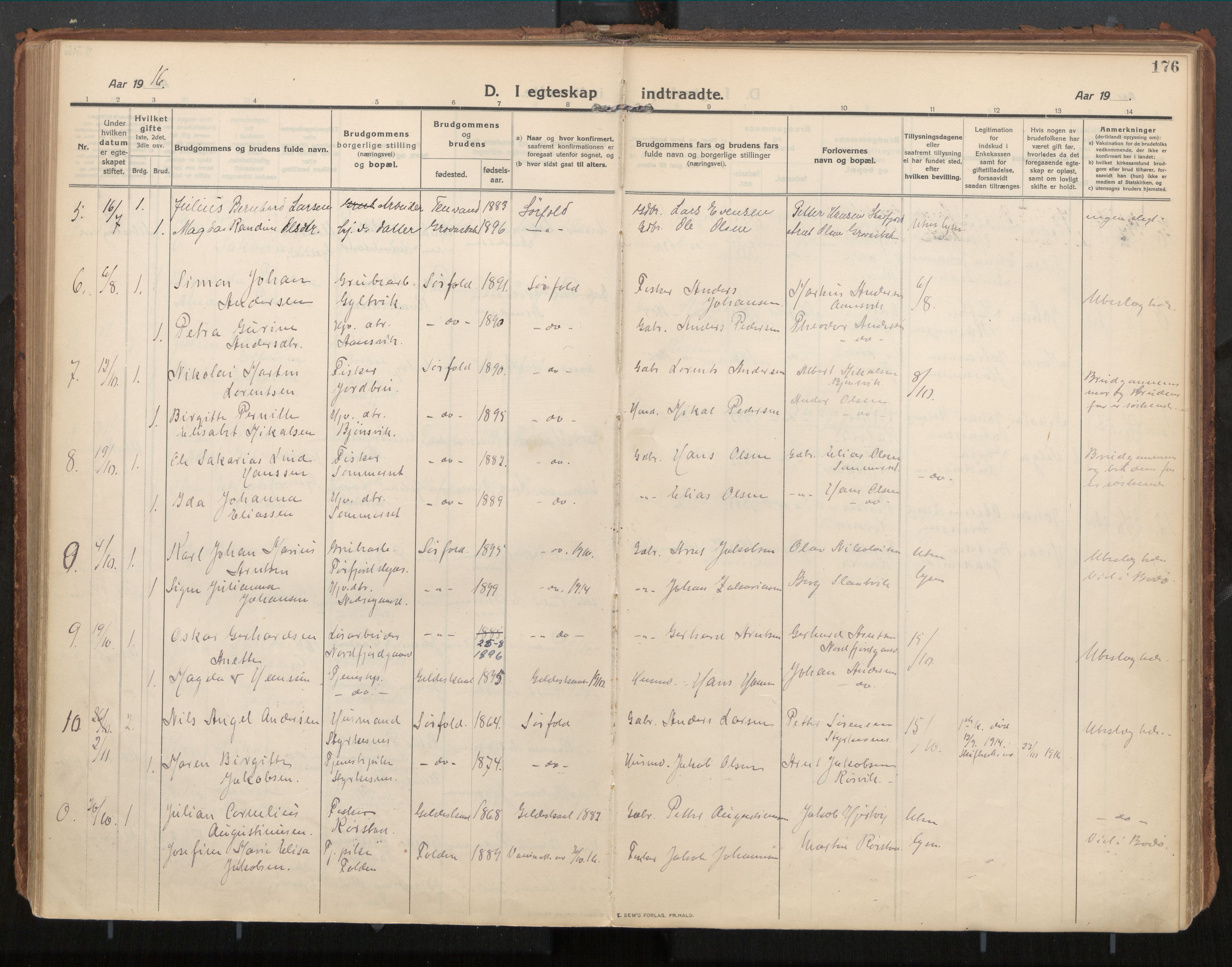 Ministerialprotokoller, klokkerbøker og fødselsregistre - Nordland, AV/SAT-A-1459/854/L0784: Parish register (official) no. 854A07, 1910-1922, p. 176