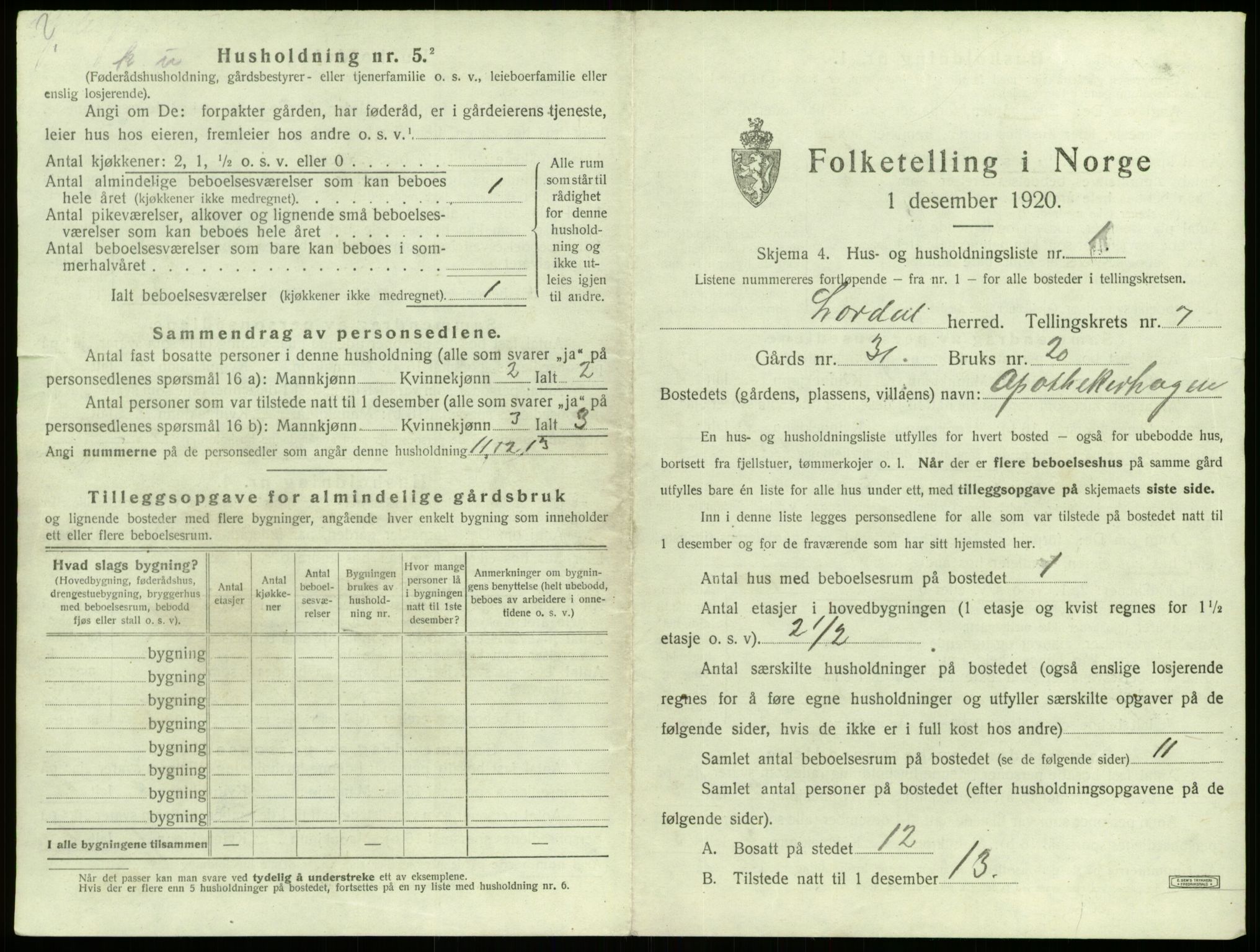 SAB, 1920 census for Lærdal, 1920, p. 531