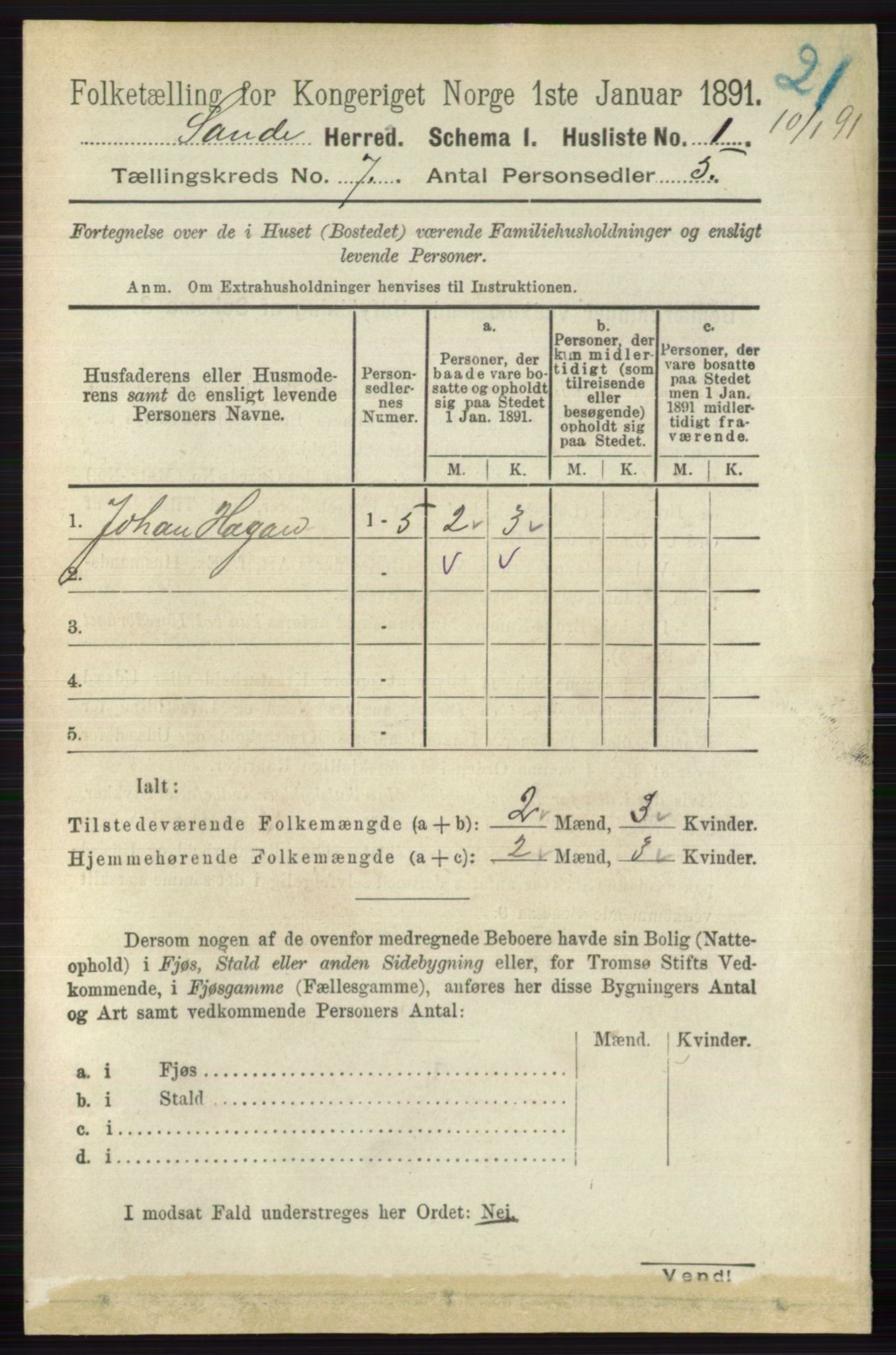 RA, 1891 census for 0713 Sande, 1891, p. 3080