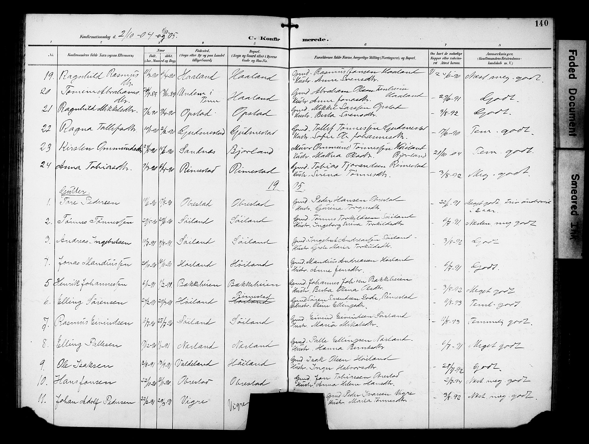 Hå sokneprestkontor, AV/SAST-A-101801/001/30BB/L0005: Parish register (copy) no. B 5, 1894-1912, p. 140