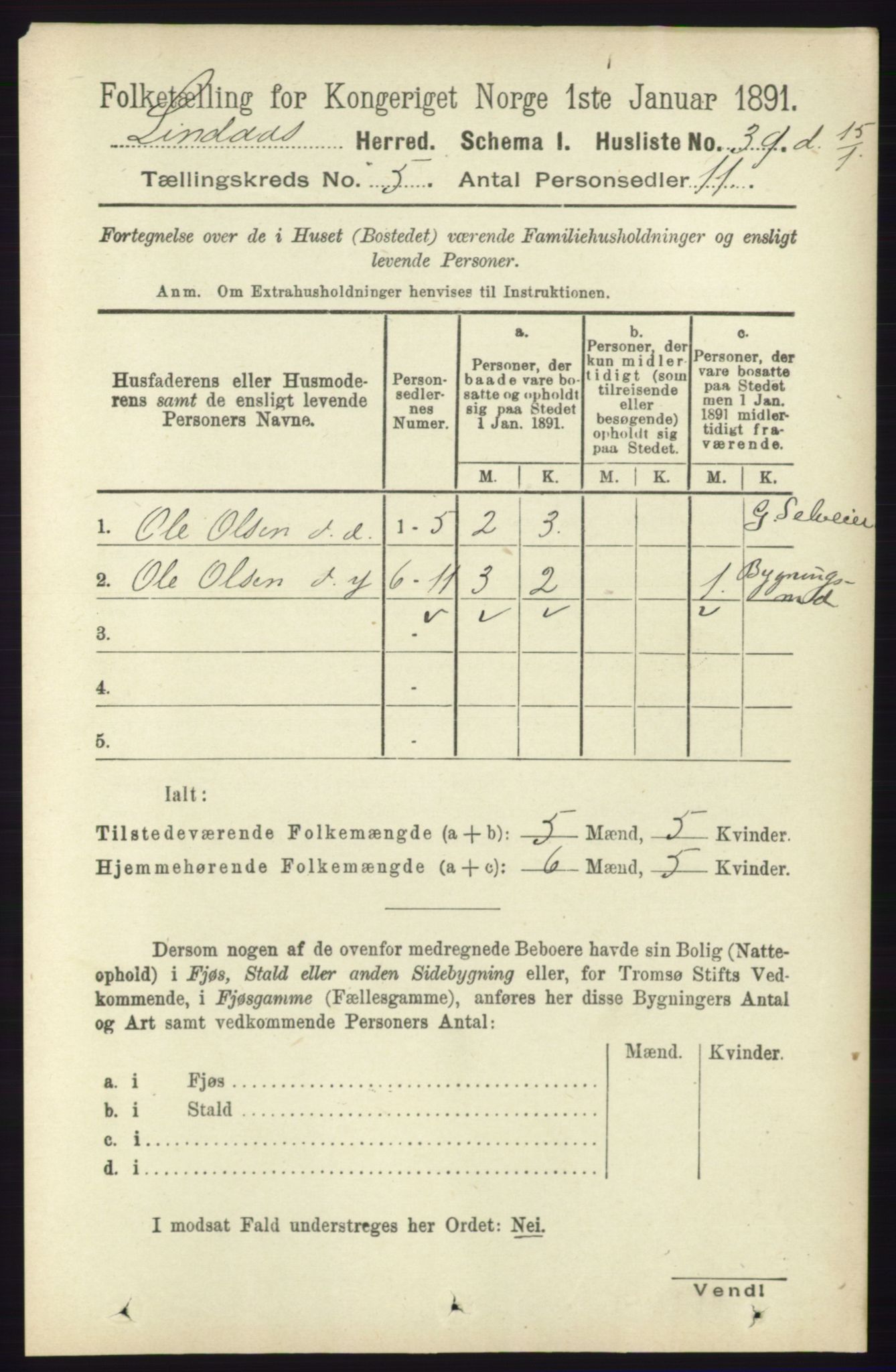 RA, 1891 census for 1263 Lindås, 1891, p. 1435