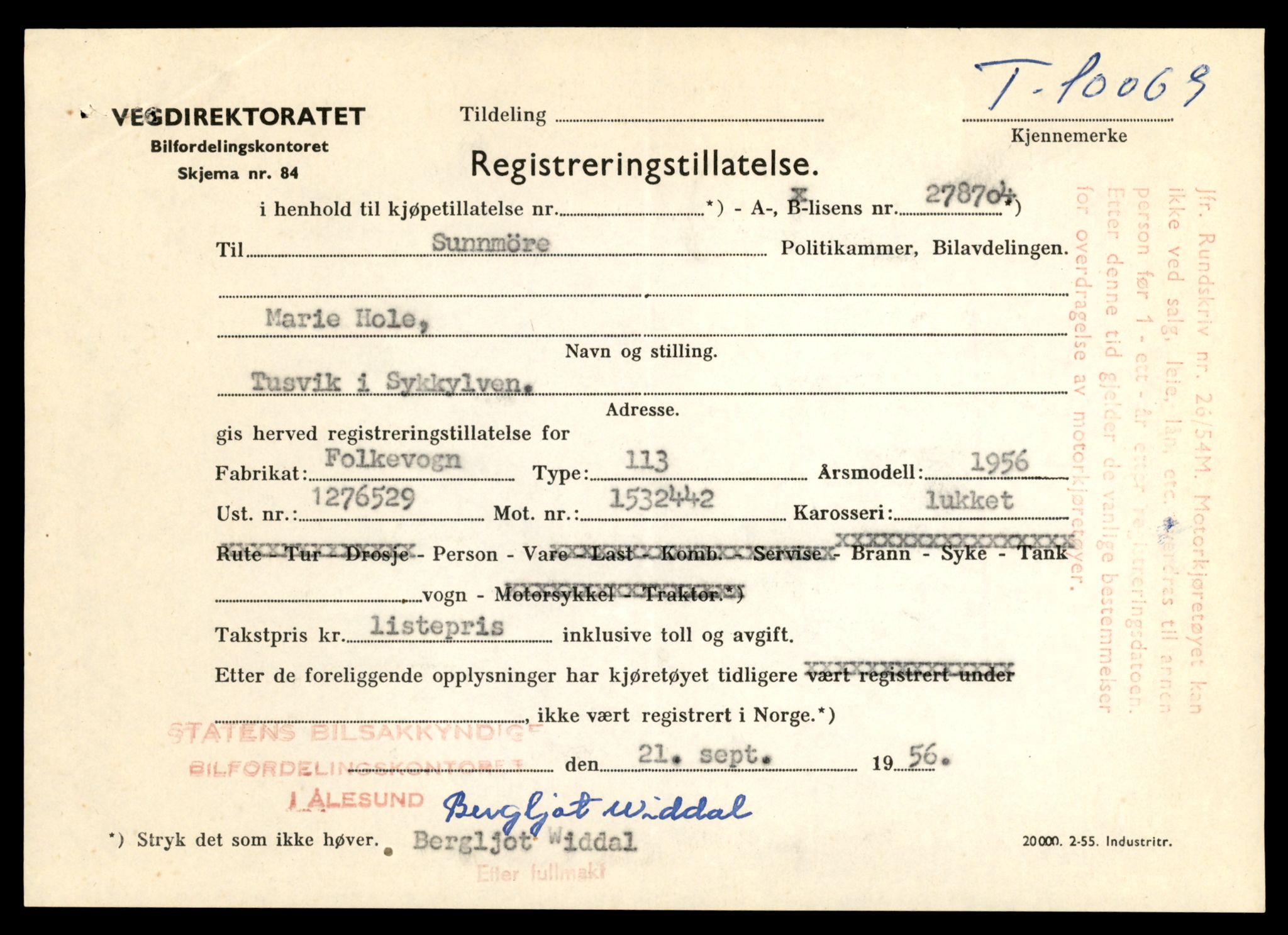 Møre og Romsdal vegkontor - Ålesund trafikkstasjon, AV/SAT-A-4099/F/Fe/L0017: Registreringskort for kjøretøy T 1985 - T 10090, 1927-1998, p. 2741