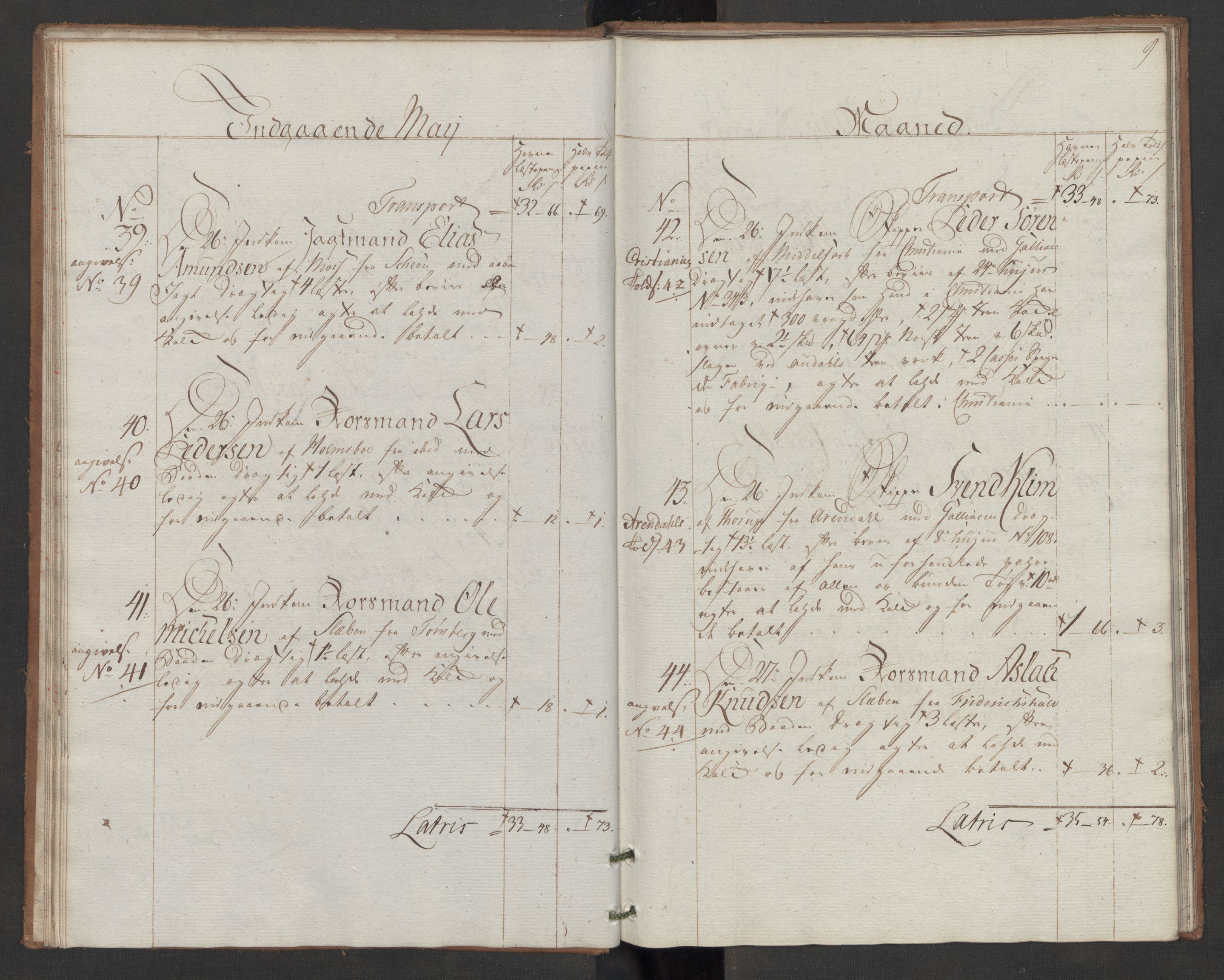 Generaltollkammeret, tollregnskaper, AV/RA-EA-5490/R06/L0165/0002: Tollregnskaper Kristiania / Inngående hovedtollbok Slependen, 1786, p. 8b-9a