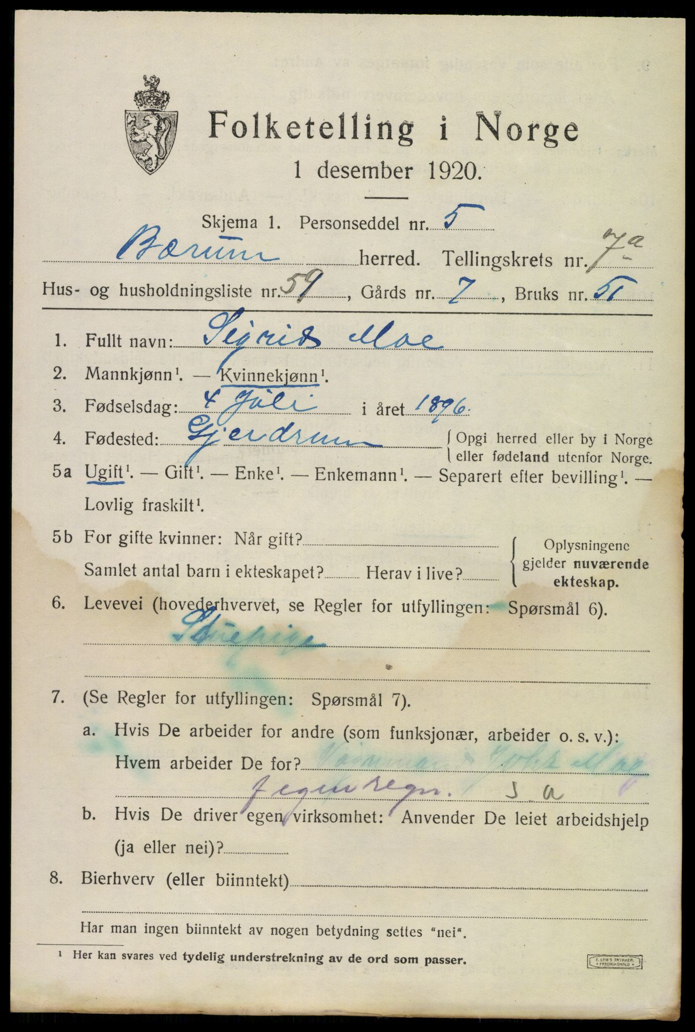 SAO, 1920 census for Bærum, 1920, p. 16844