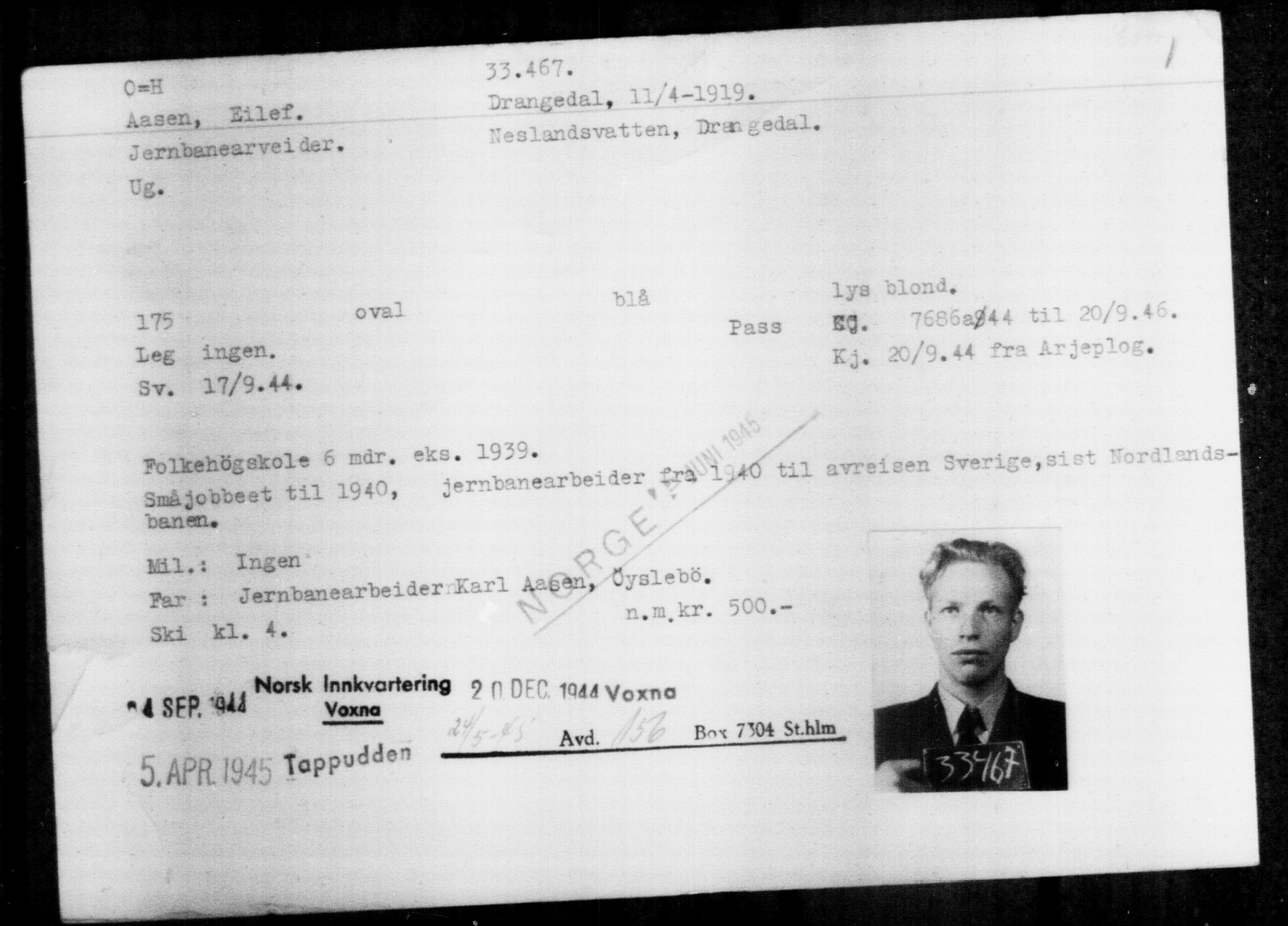 Utenriksstasjonene, Legasjonen i Stockholm, Flyktningkontoret, AV/RA-S-6753/V/Va/L0013: Kjesäterkartoteket, flyktninger med registreringsnr. 31500-34731, 1940-1945, p. 2073