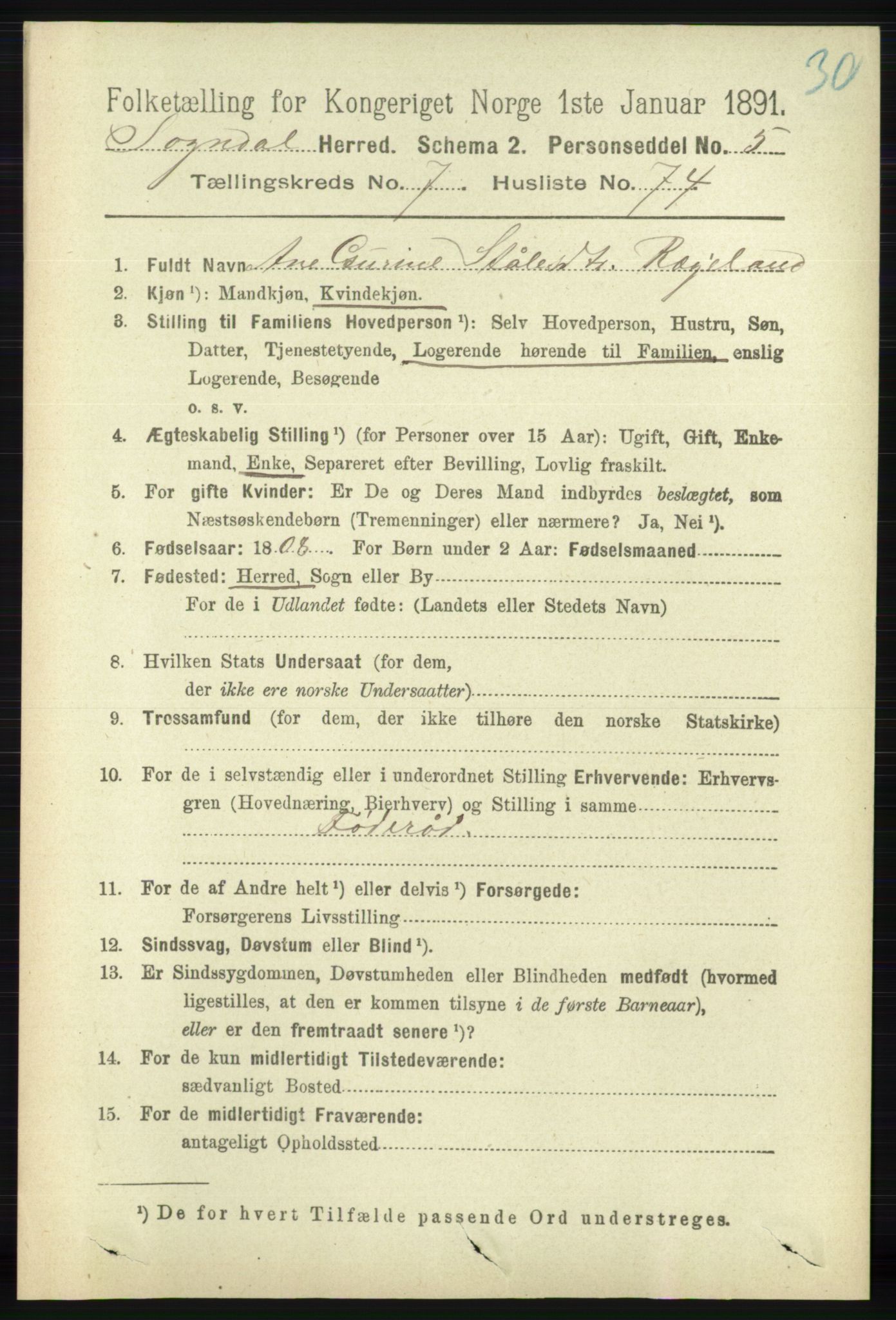 RA, 1891 census for 1111 Sokndal, 1891, p. 2588