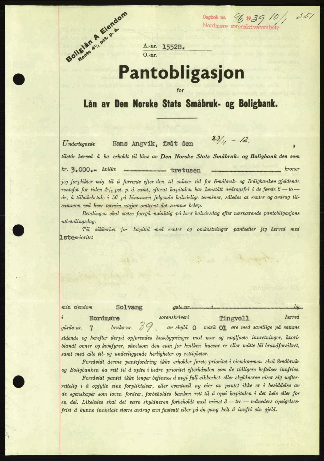 Nordmøre sorenskriveri, SAT/A-4132/1/2/2Ca: Mortgage book no. B84, 1938-1939, Diary no: : 96/1939