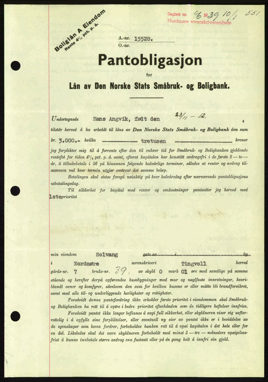 Nordmøre sorenskriveri, AV/SAT-A-4132/1/2/2Ca: Mortgage book no. B84, 1938-1939, Diary no: : 96/1939