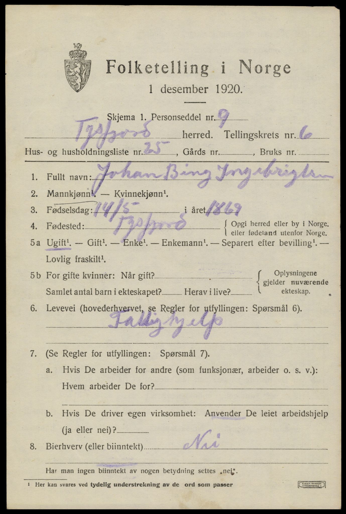 SAT, 1920 census for Tysfjord, 1920, p. 5143