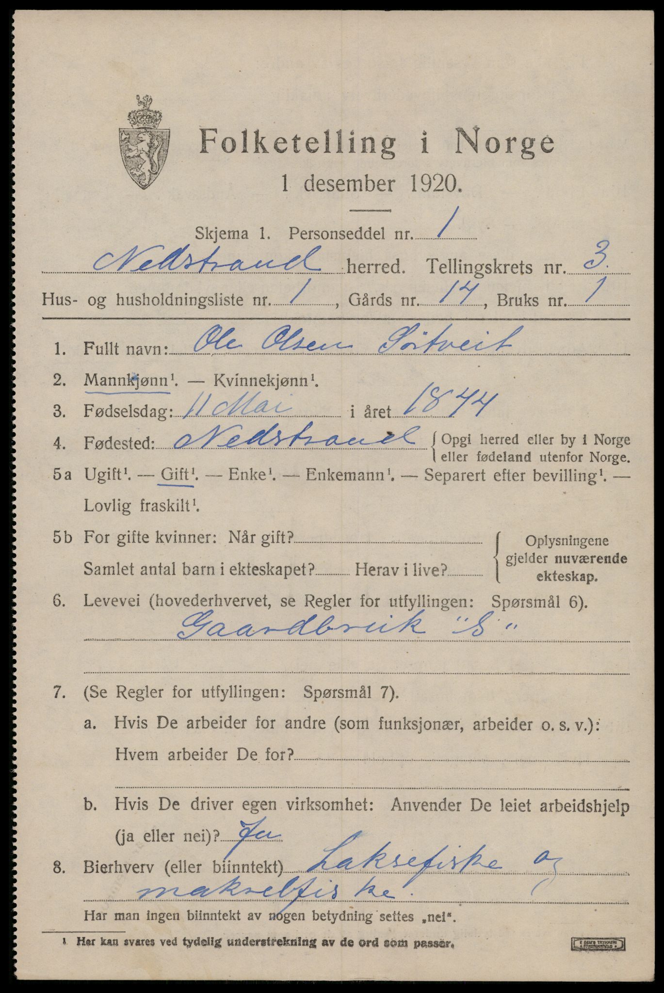 SAST, 1920 census for Nedstrand, 1920, p. 1359