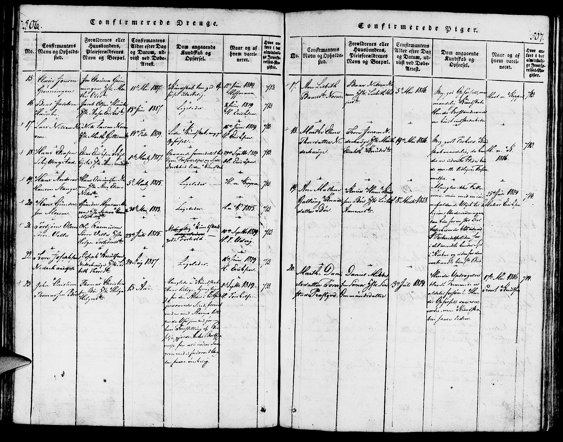 Torvastad sokneprestkontor, AV/SAST-A -101857/H/Ha/Haa/L0004: Parish register (official) no. A 3 /1, 1817-1836, p. 506-507