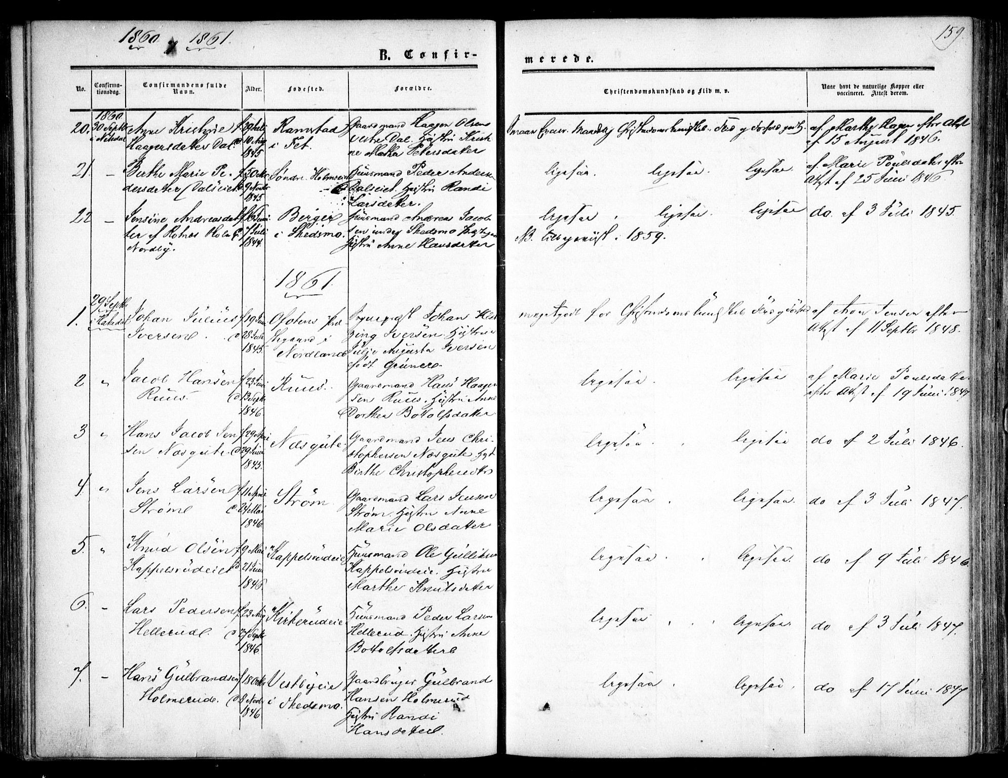Nittedal prestekontor Kirkebøker, AV/SAO-A-10365a/F/Fa/L0005: Parish register (official) no. I 5, 1850-1862, p. 159