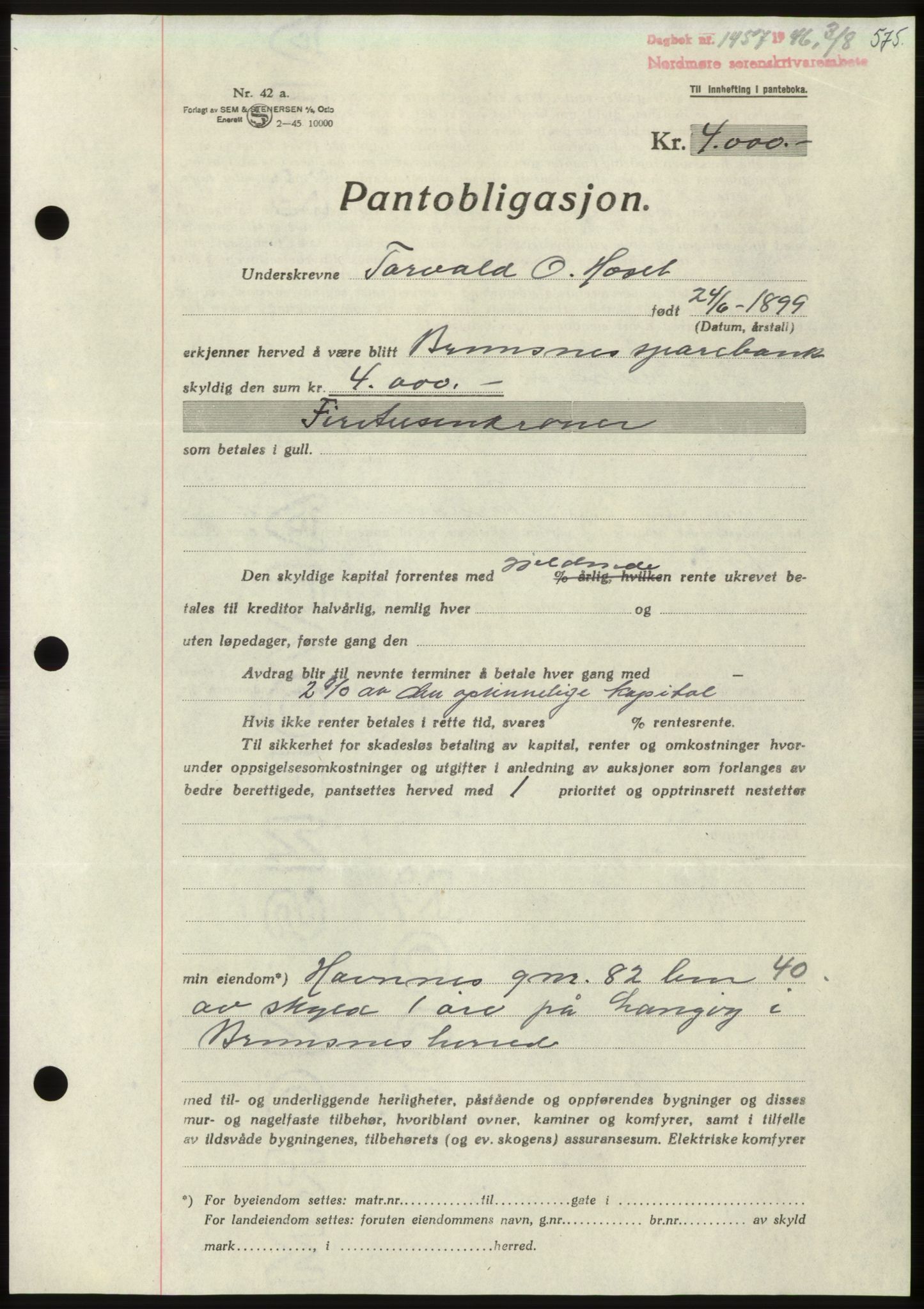 Nordmøre sorenskriveri, AV/SAT-A-4132/1/2/2Ca: Mortgage book no. B94, 1946-1946, Diary no: : 1457/1946