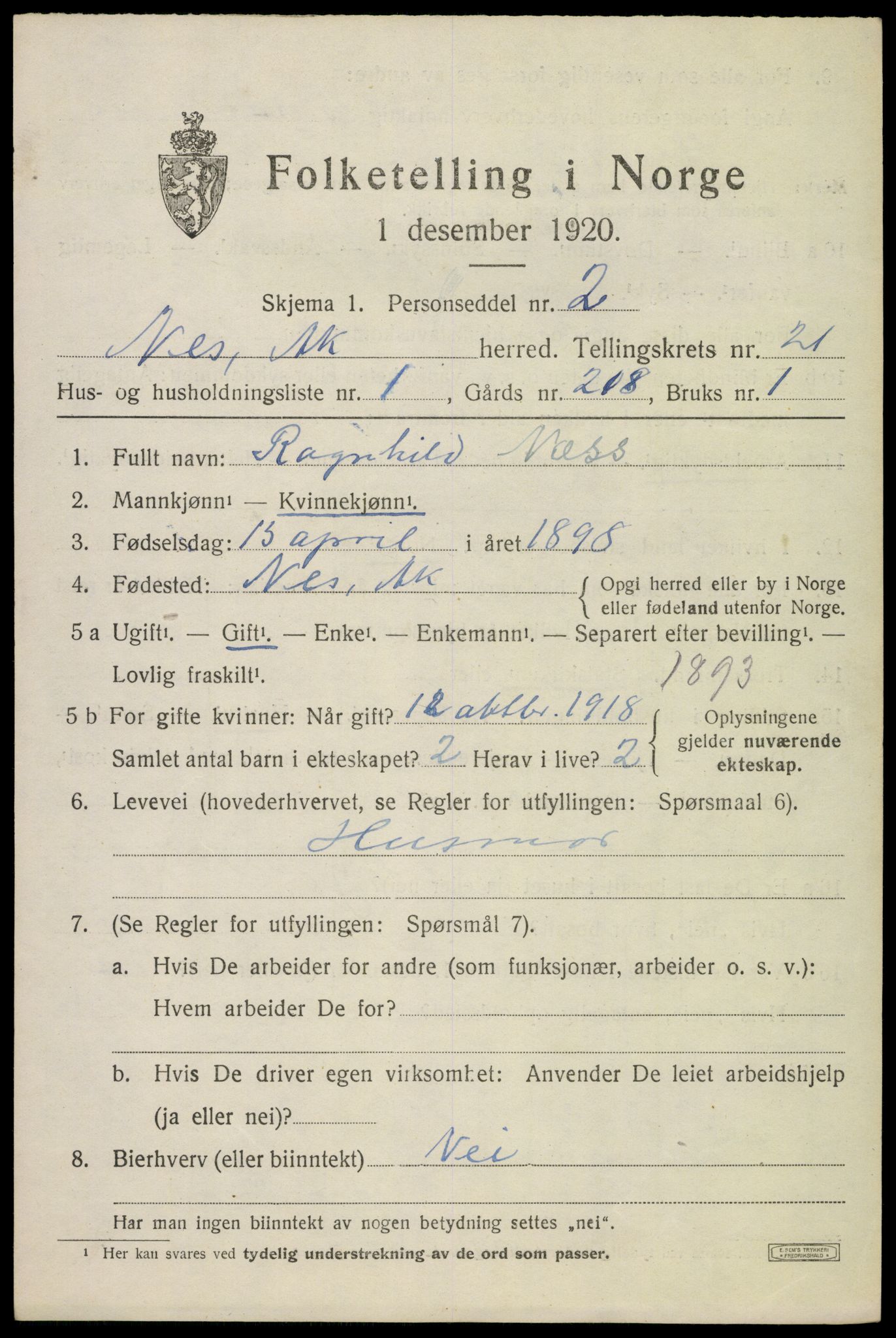 SAO, 1920 census for Nes, 1920, p. 21942